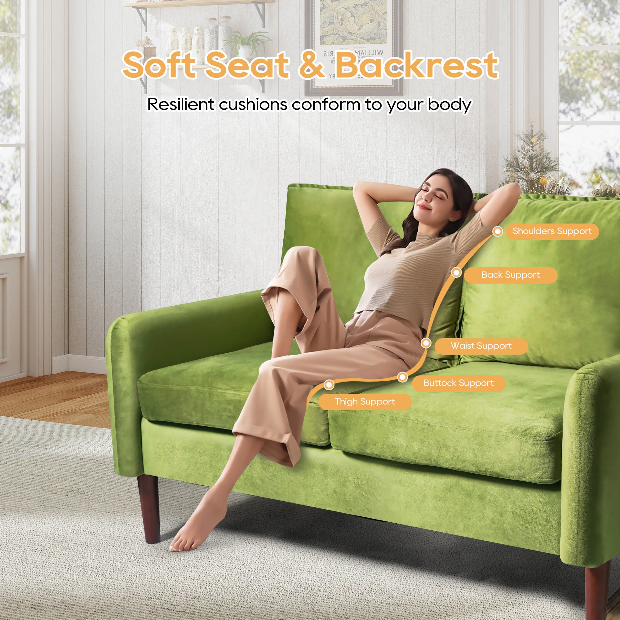 54" Velvet Sofa for Small Spaces, Modern Army Green Fabric Couch with Plush Comfort, Compact Living Room & Apartment Furniture, Easy to Clean and Space Saving Design