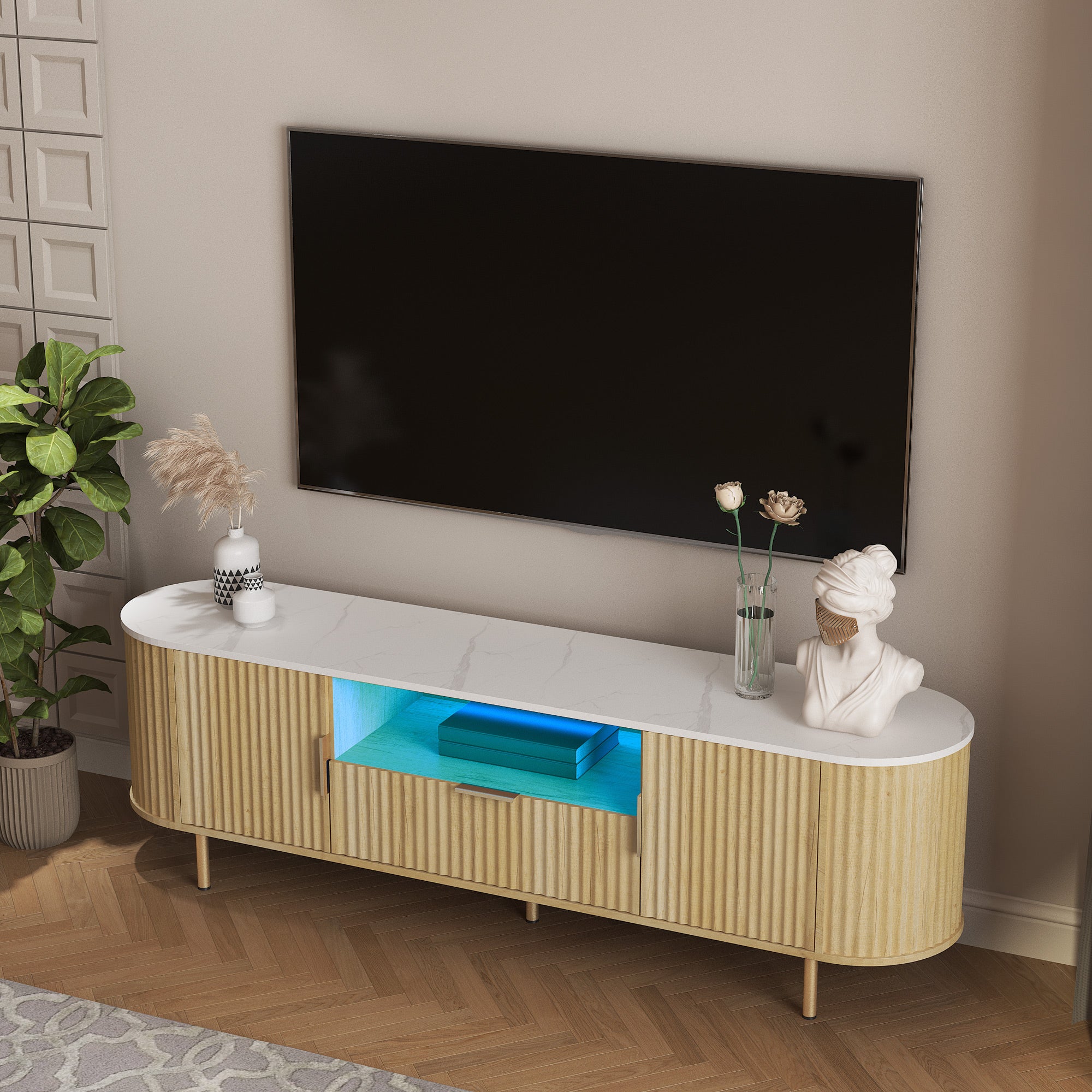 Living Room Floor-standing TV Cabinet with 16-Color LED Lights, Entertainment Center with Storage Doors, Media Console for 55+ Inch TV