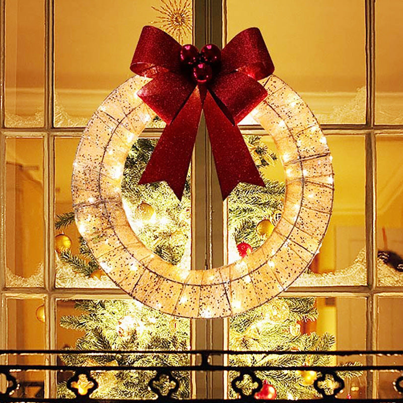 Christmas Garland 50CM Luminous LED Warm Light Metal Luminous Wreath With Big Bowknot Christmas Front Door Home Holiday Party Door Hanging Decor