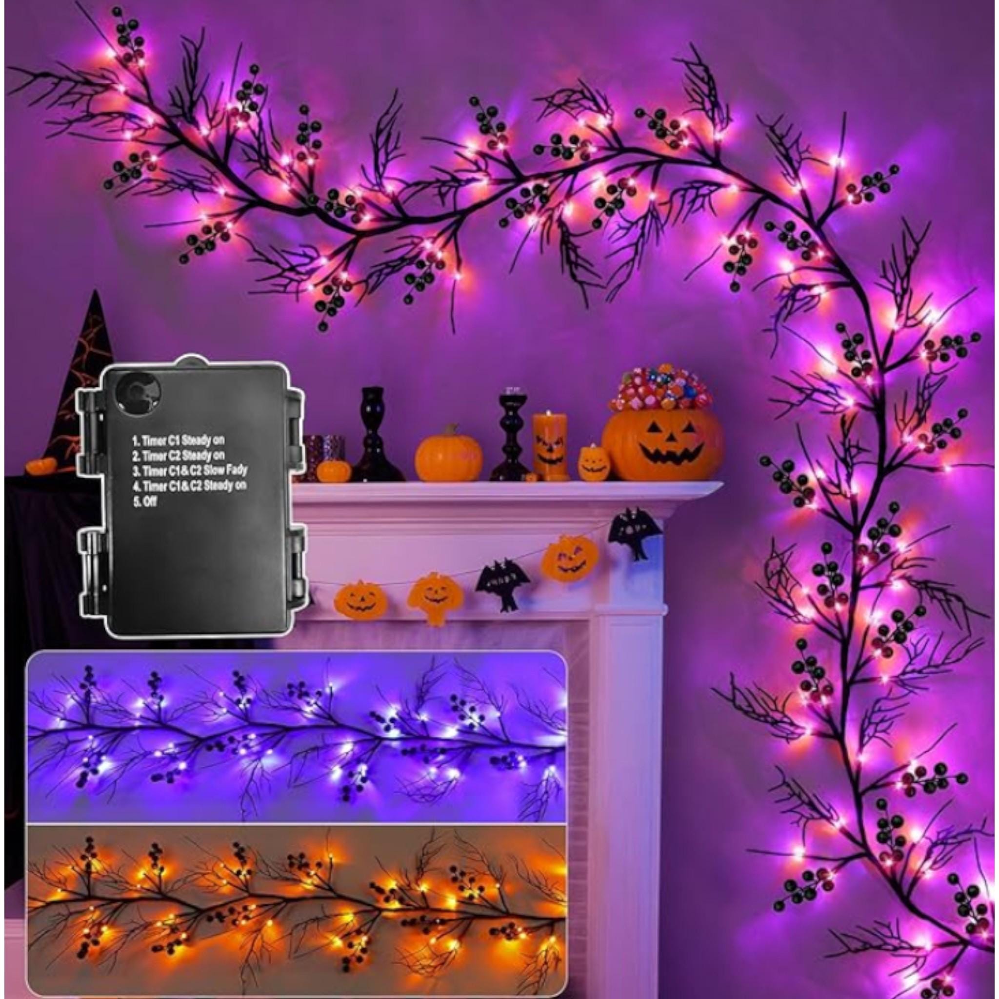 Halloween Willow Garland with Purple LED Lights & Bats - 9 FT