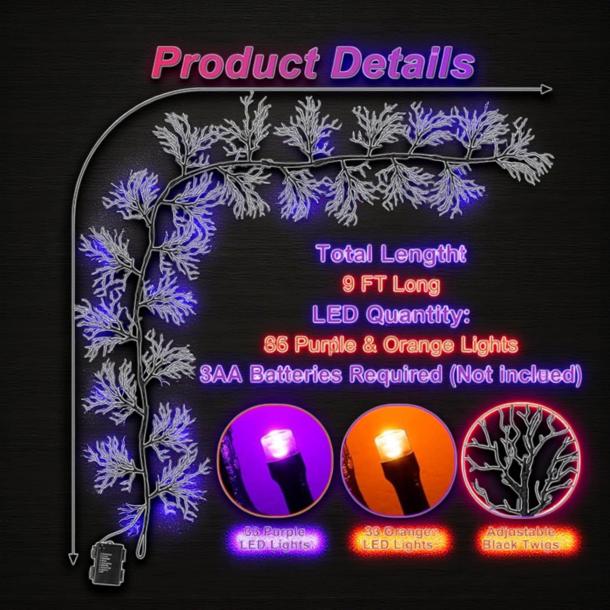 Halloween Willow Vine Garland: 6FT Black Twig Lights, Orange & Purple LED