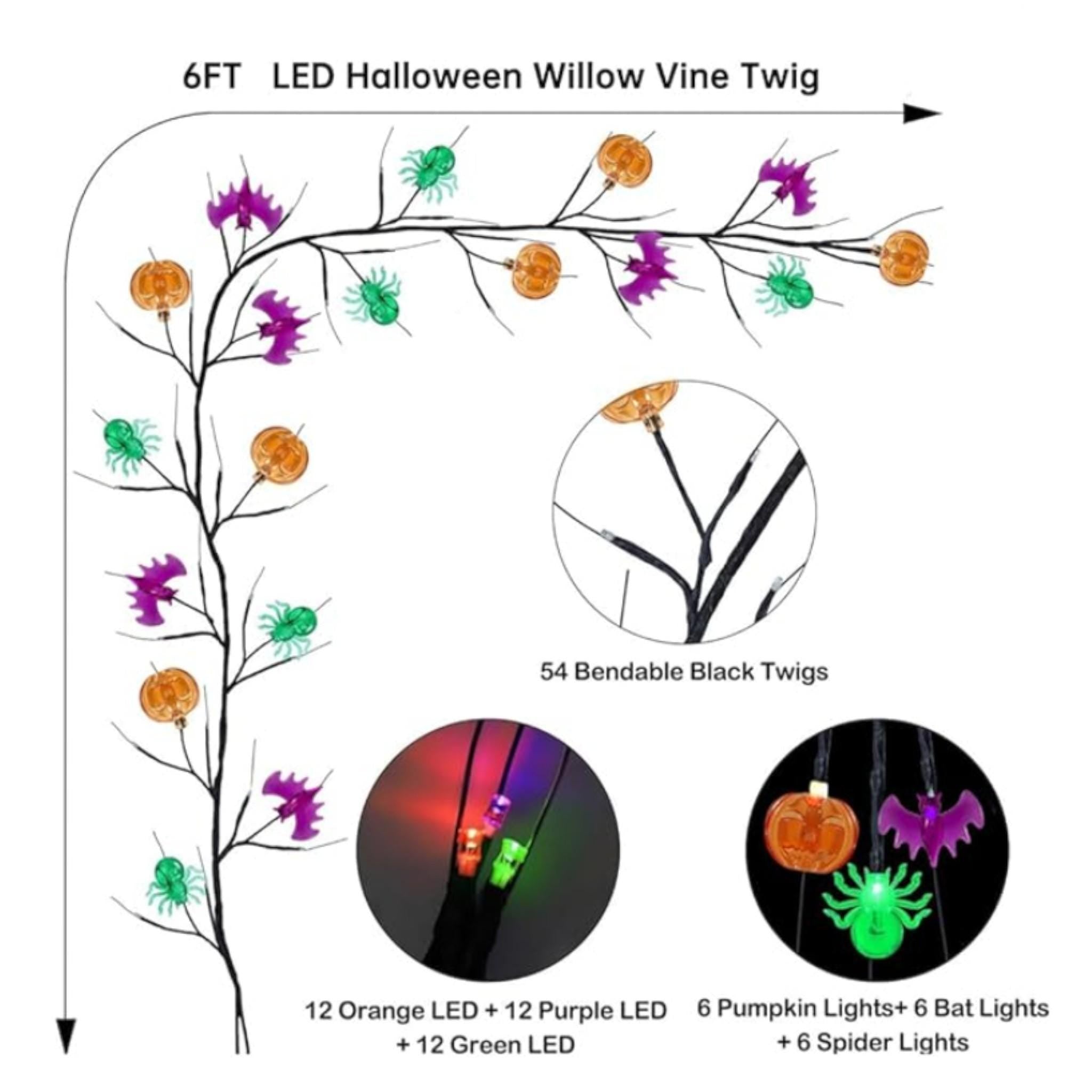Halloween Willow Garland with Purple LED Lights & Bats - 9 FT
