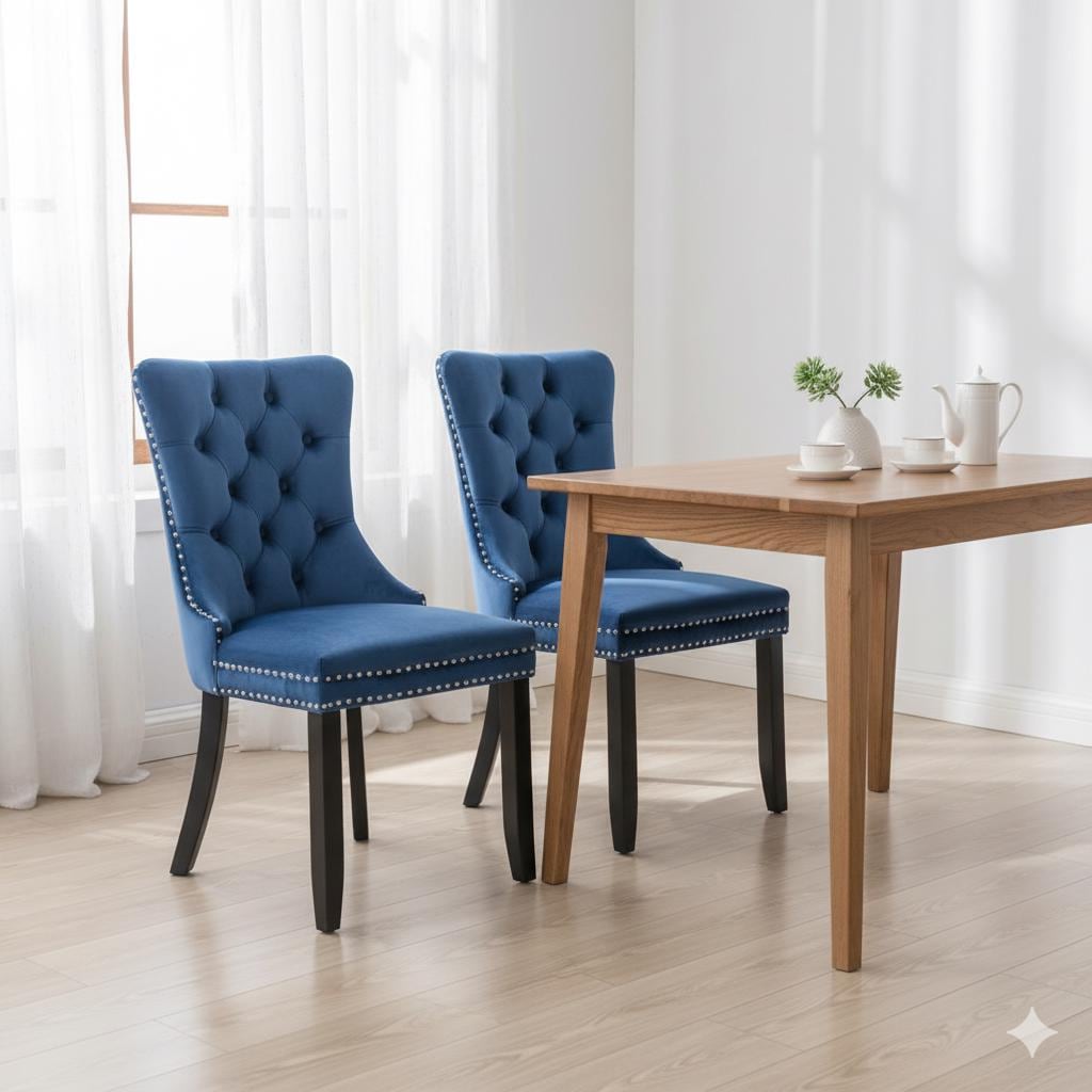 Blue Velvet Chairs Set of 2, Tufted Solid Wood Upholstered Chairs, Nailhead Trim, High-End Modern Contemporary Dining Room
