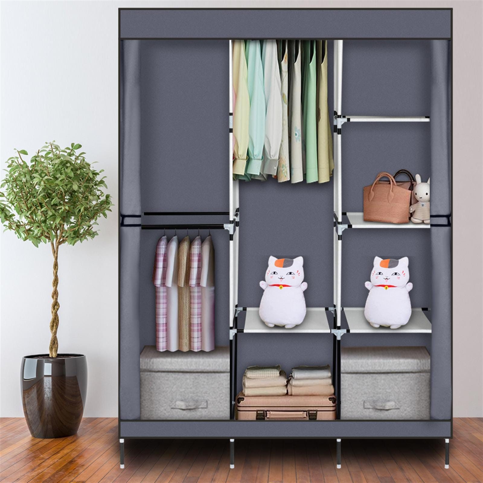 71" Portable Closet Wardrobe Organizer with Shelves, Gray Fabric Clothes Storage Rack