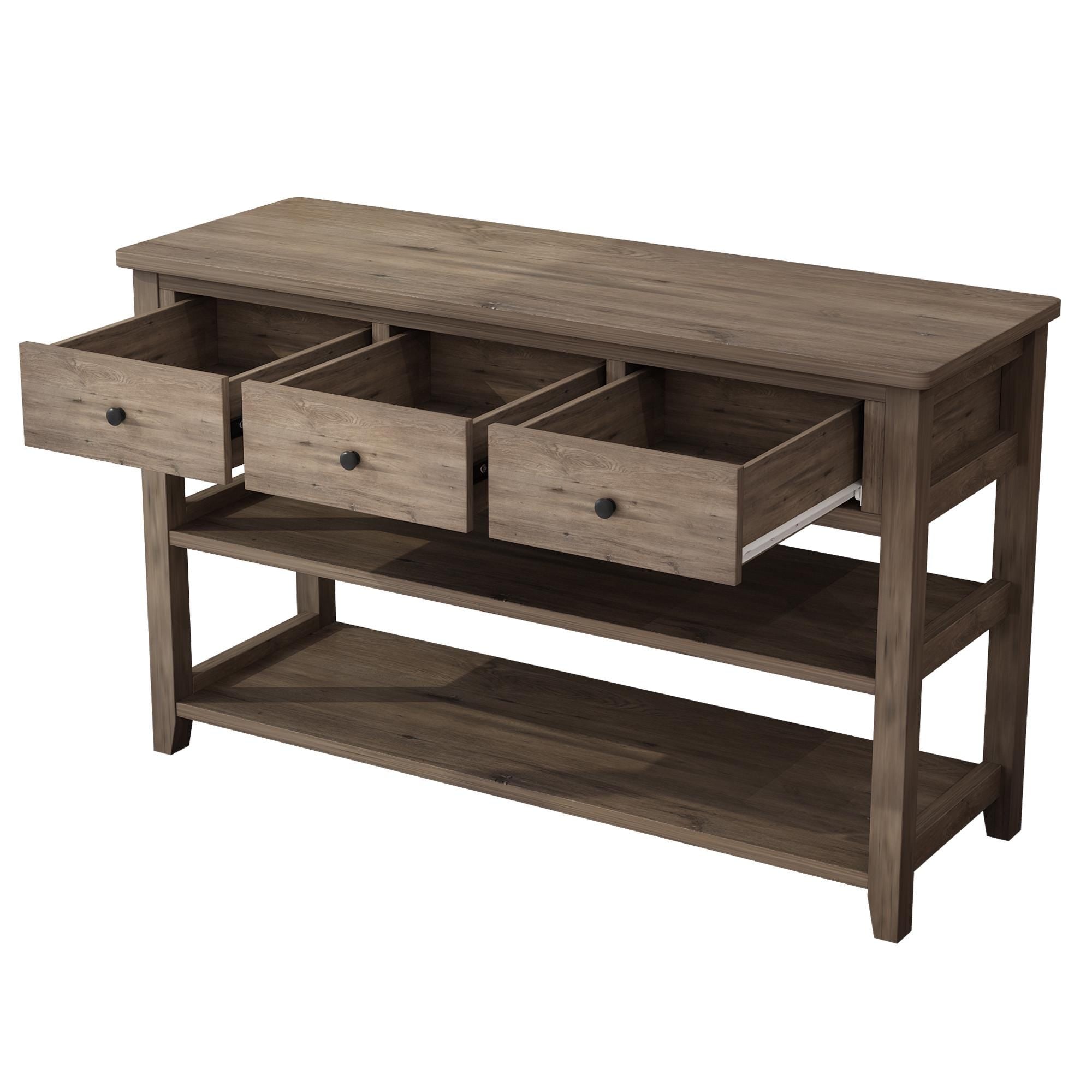 Wash Gray Console Table with 3 Drawers  2 Open Shelves, Sofa Table Entryway Table, Wood Frame Accent Table for Living Room & Bedroom