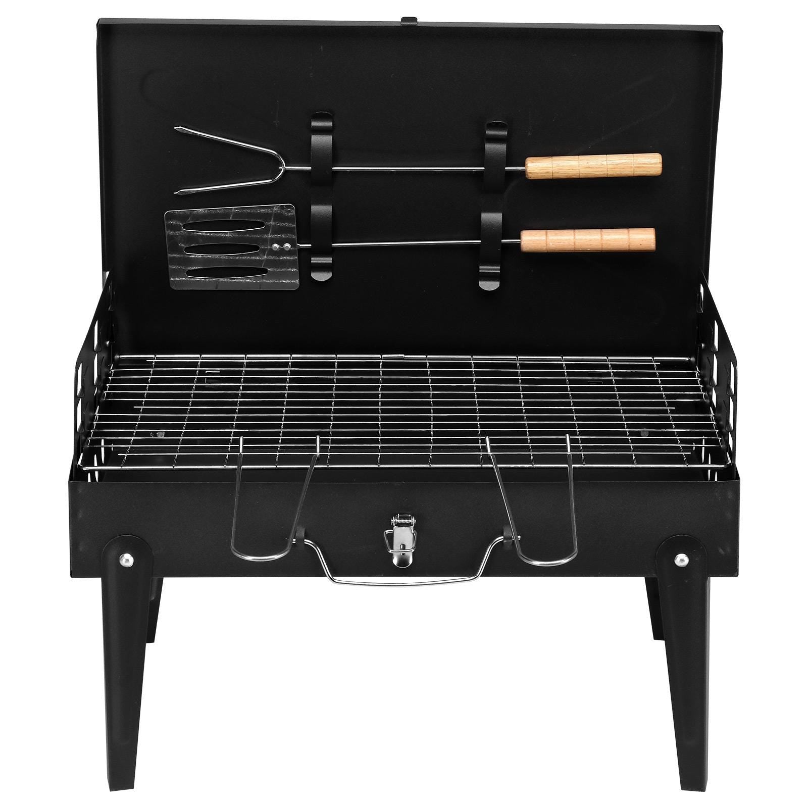 44x27x7cm Portable Charcoal Grill, Folding Outdoor BBQ Grill with Lid, Adjustable Height, Cast Iron Travel, Black