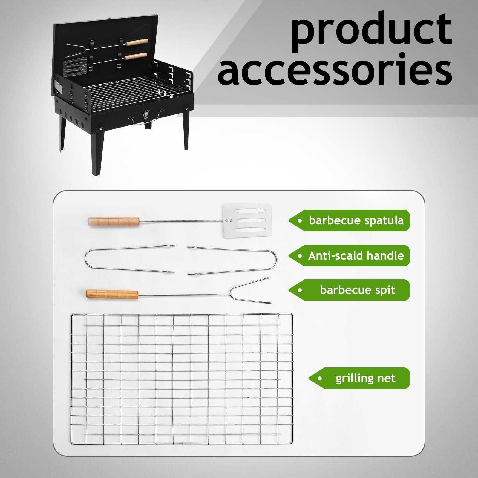 44x27x7cm Portable Charcoal Grill, Folding Outdoor BBQ Grill with Lid, Adjustable Height, Cast Iron Travel, Black