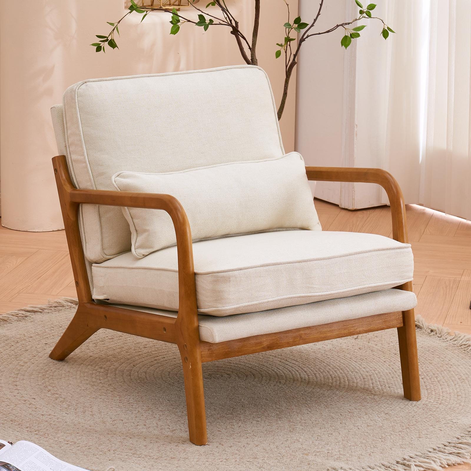 Off-White Linen Lounge Chair, Oak Armrest, Mid-Century Modern Accent