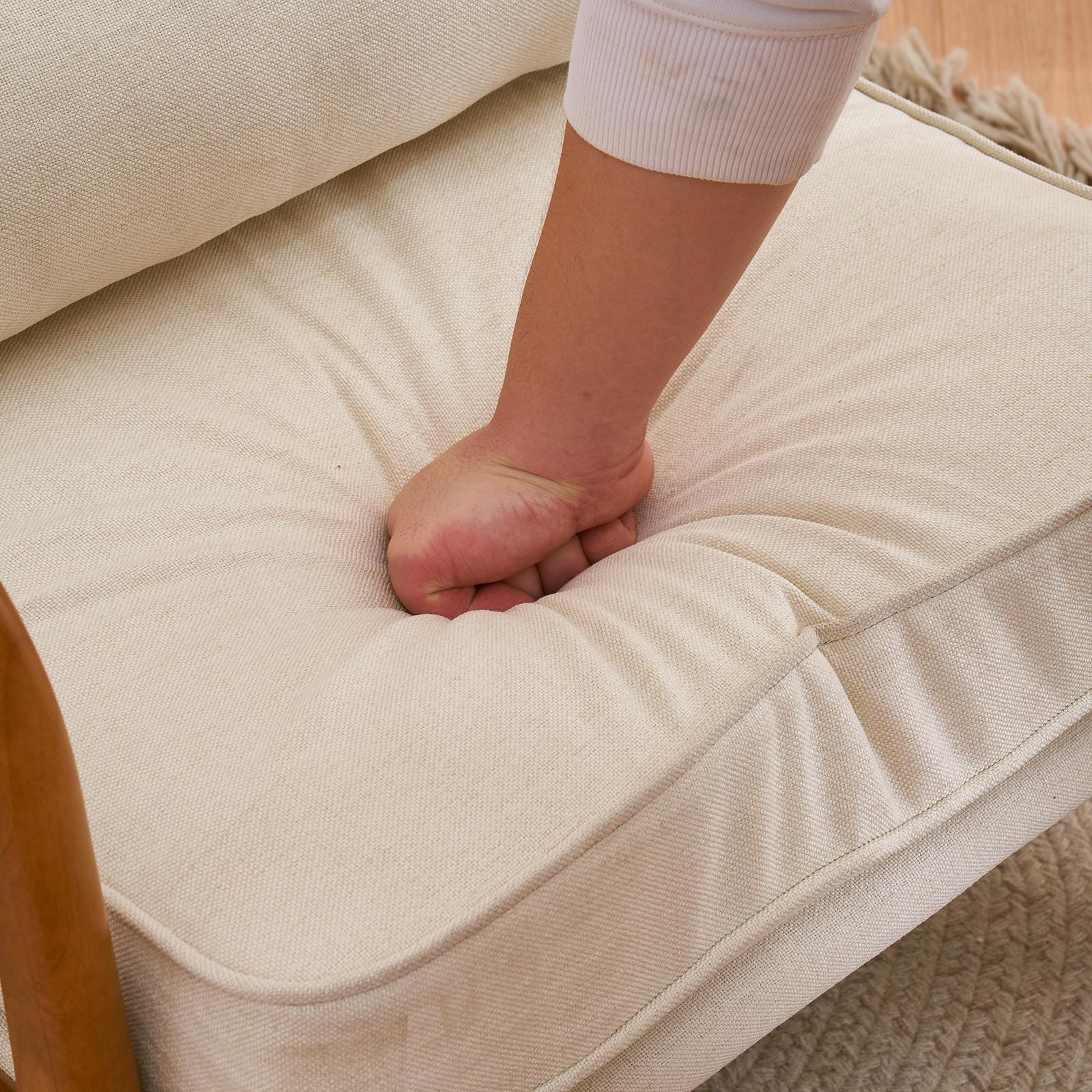 Off-White Linen Lounge Chair, Oak Armrest, Mid-Century Modern Accent