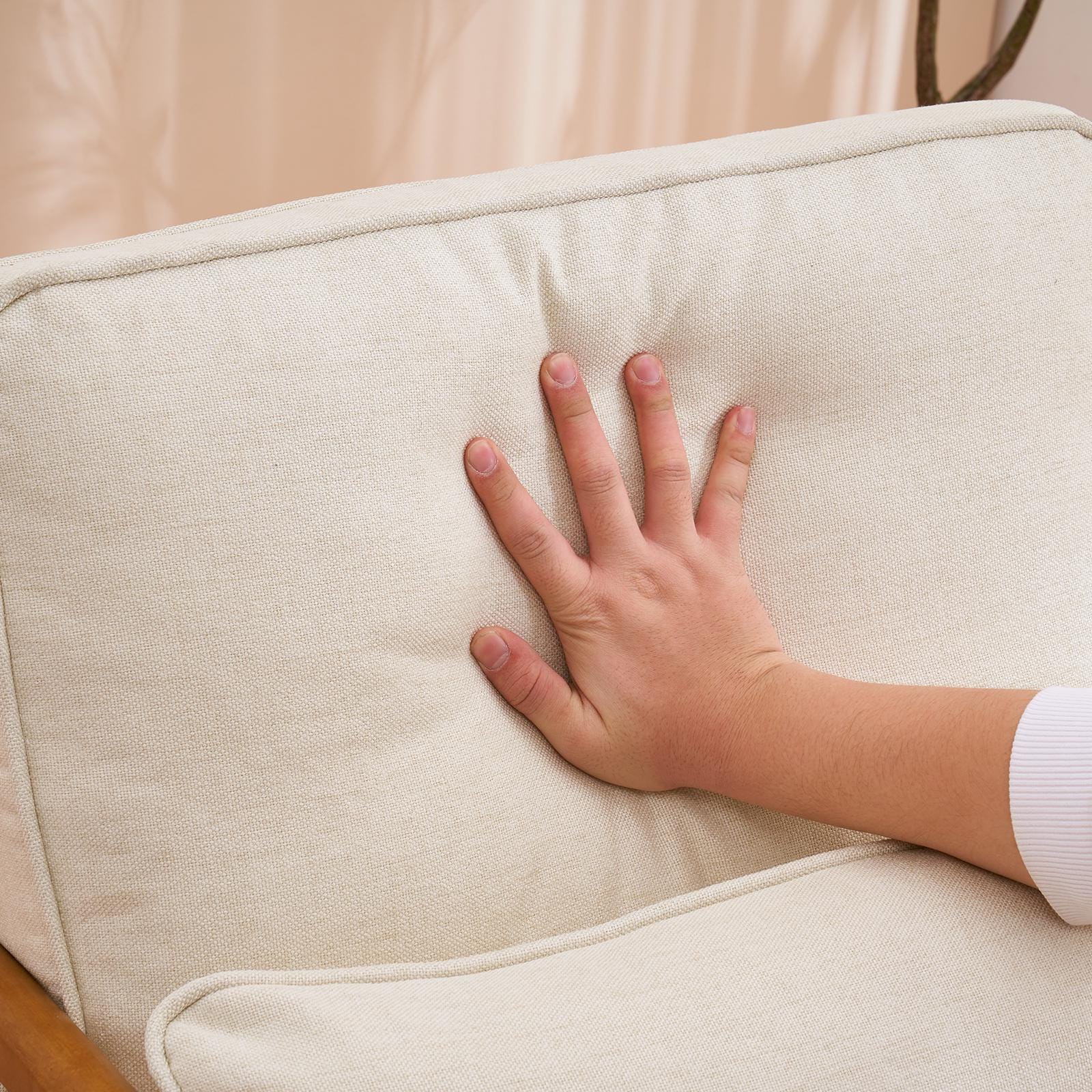 Off-White Linen Lounge Chair, Oak Armrest, Mid-Century Modern Accent