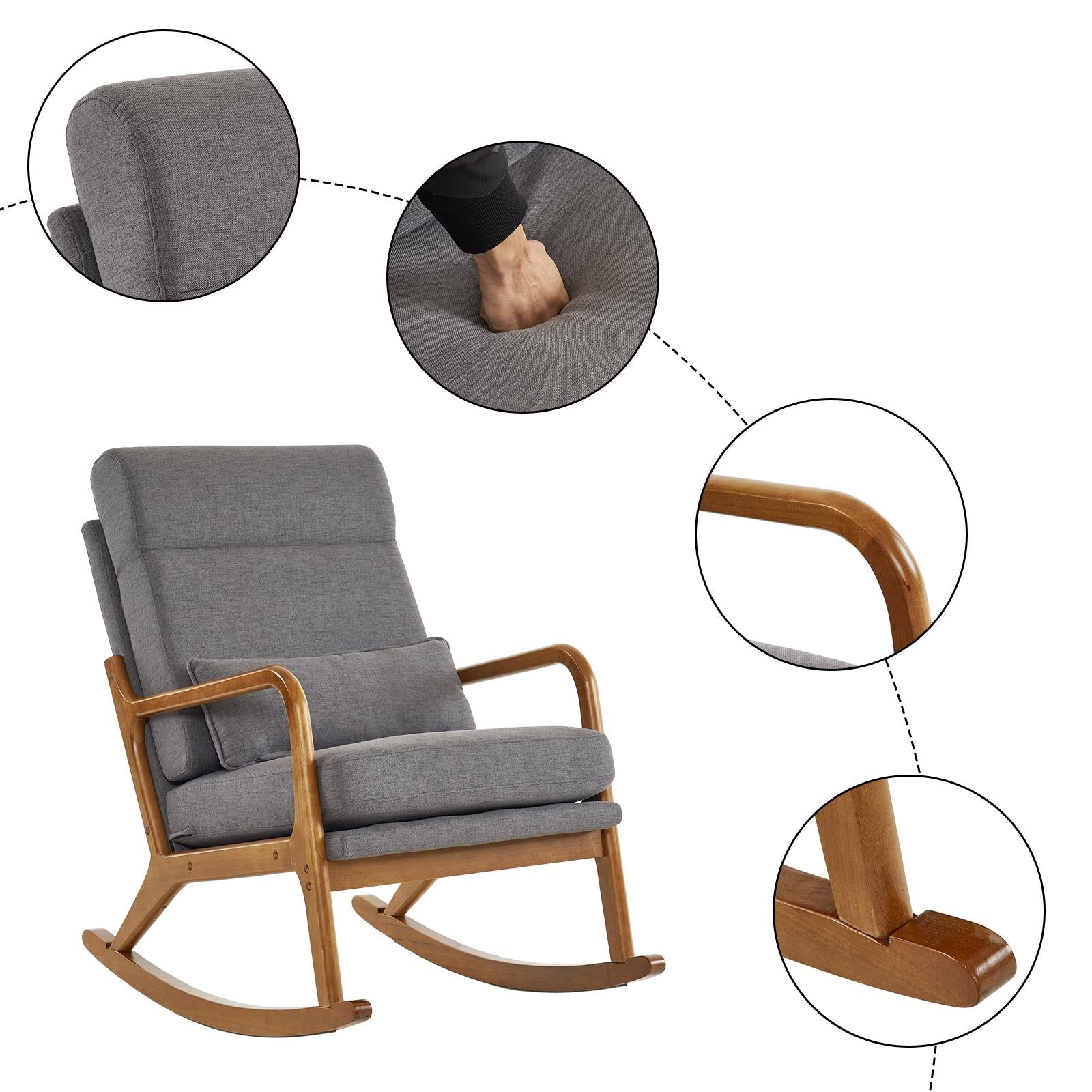High Back Dark Gray Rocking with Solid Wood Armrest, Iron Frame, Linen Upholstered Seat, Dual-Use Indoor Armchair with Lumbar Pillow
