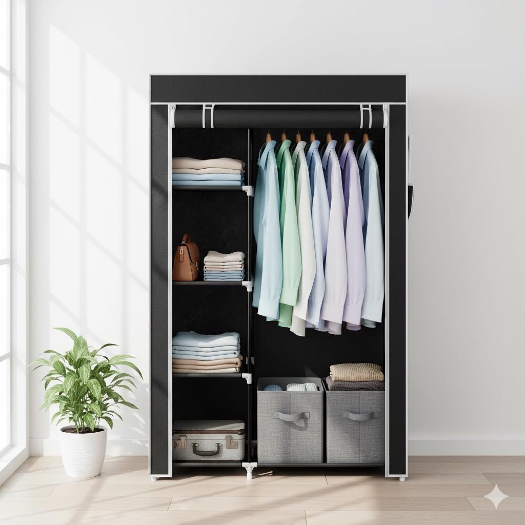 64" Portable Clothes Closet Wardrobe Storage Organizer Non-Woven Fabric Black Home Closet Shelves Dustproof Easy Assembly