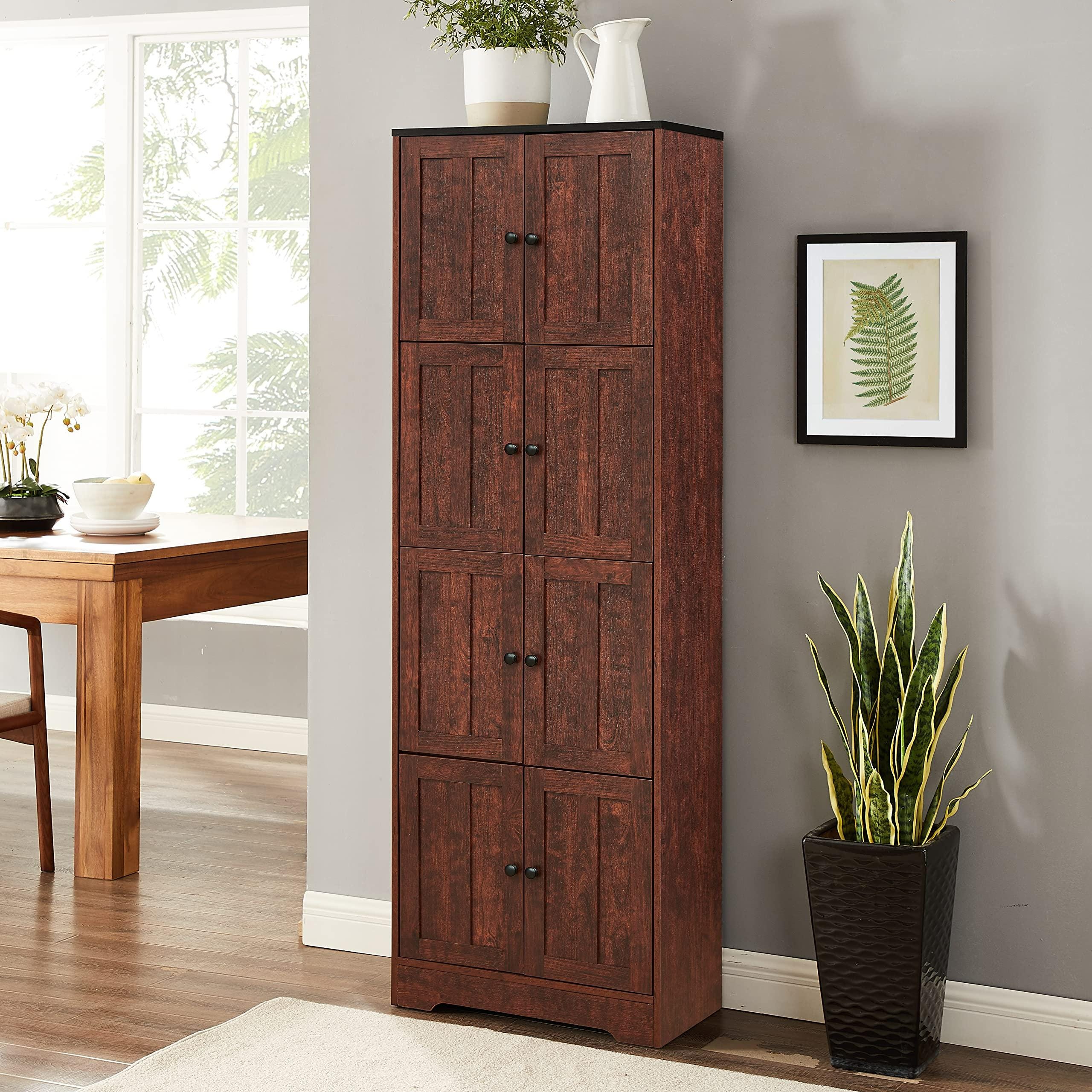 Tall Storage Cabinet 8 Doors 4 Shelves | Walnut Wood Pantry Organizer for Living Room Kitchen Office Bathroom Bedroom Furniture