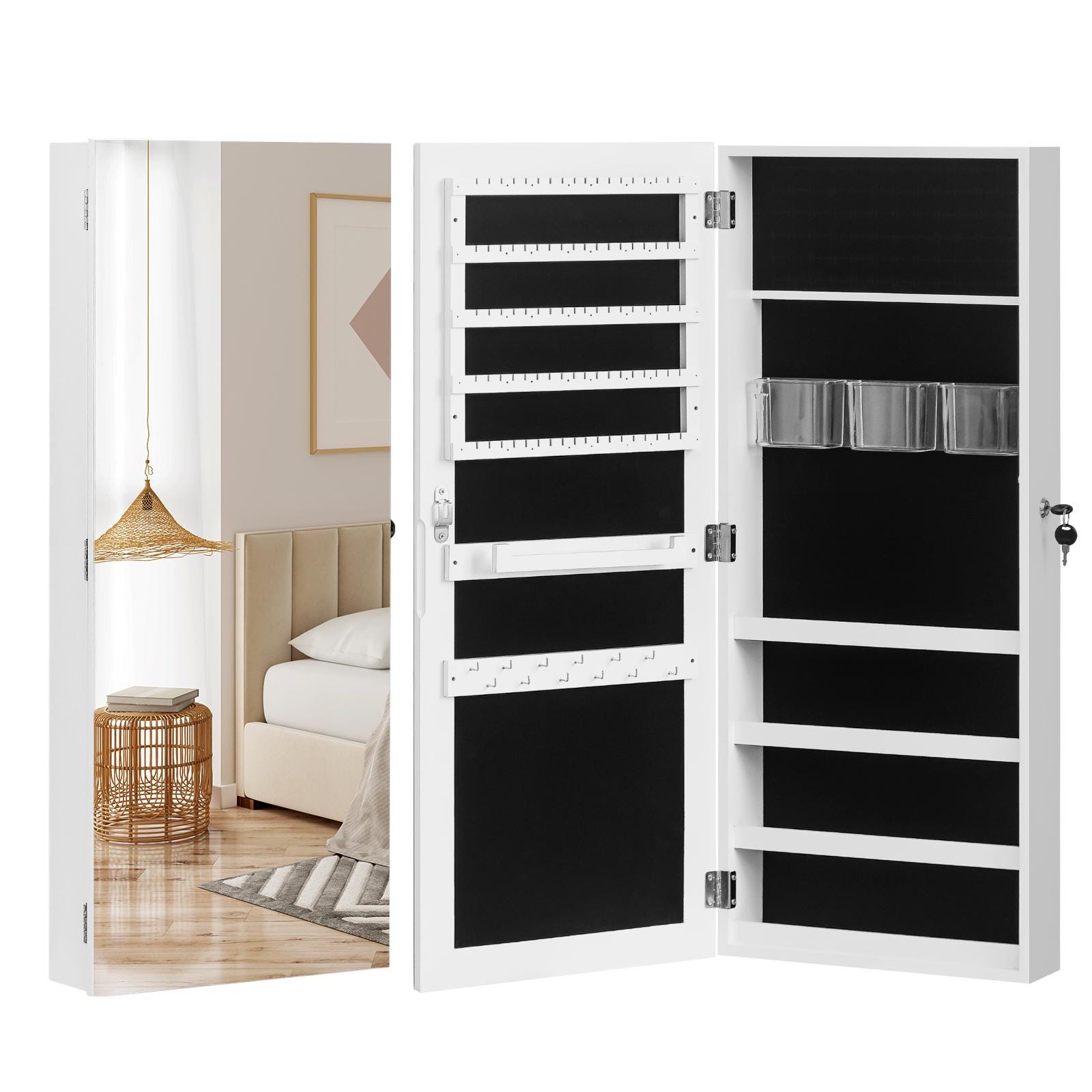 Wall Hanging Jewelry Mirror Cabinet with Lock | Full-Length PVC Film Door Jewelry Organizer, Velvet Lining & Hooks for Women