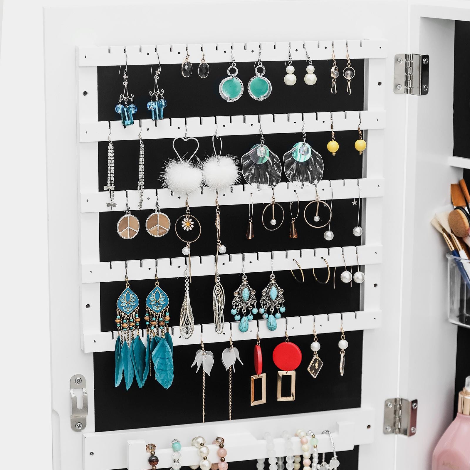 Wall Hanging Jewelry Mirror Cabinet with Lock | Full-Length PVC Film Door Jewelry Organizer, Velvet Lining & Hooks for Women