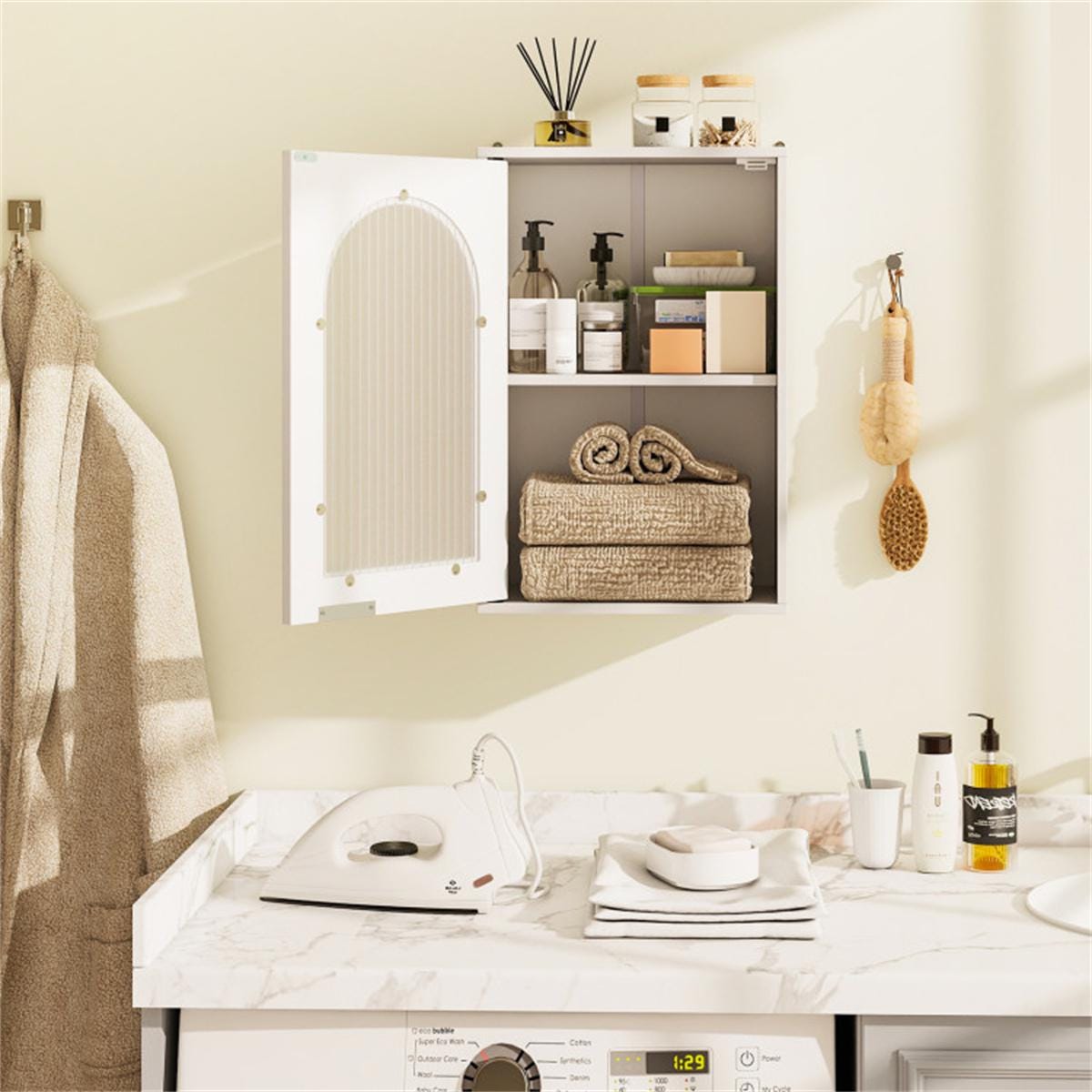 White Wall-Mounted Bathroom Medicine Cabinet | Wavy Tempered Glass Door Storage with Adjustable Shelves & Modern MDF Design
