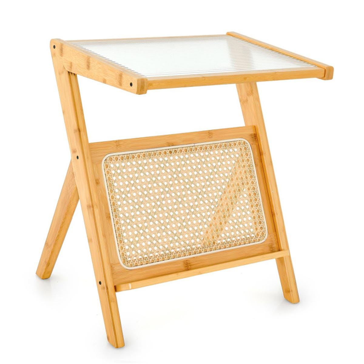 Modern Bamboo Z-Shape Side Table with Glass Top & Rattan Shelf | Small Sofa End Table | Boho Bedside Nightstand for Living Room