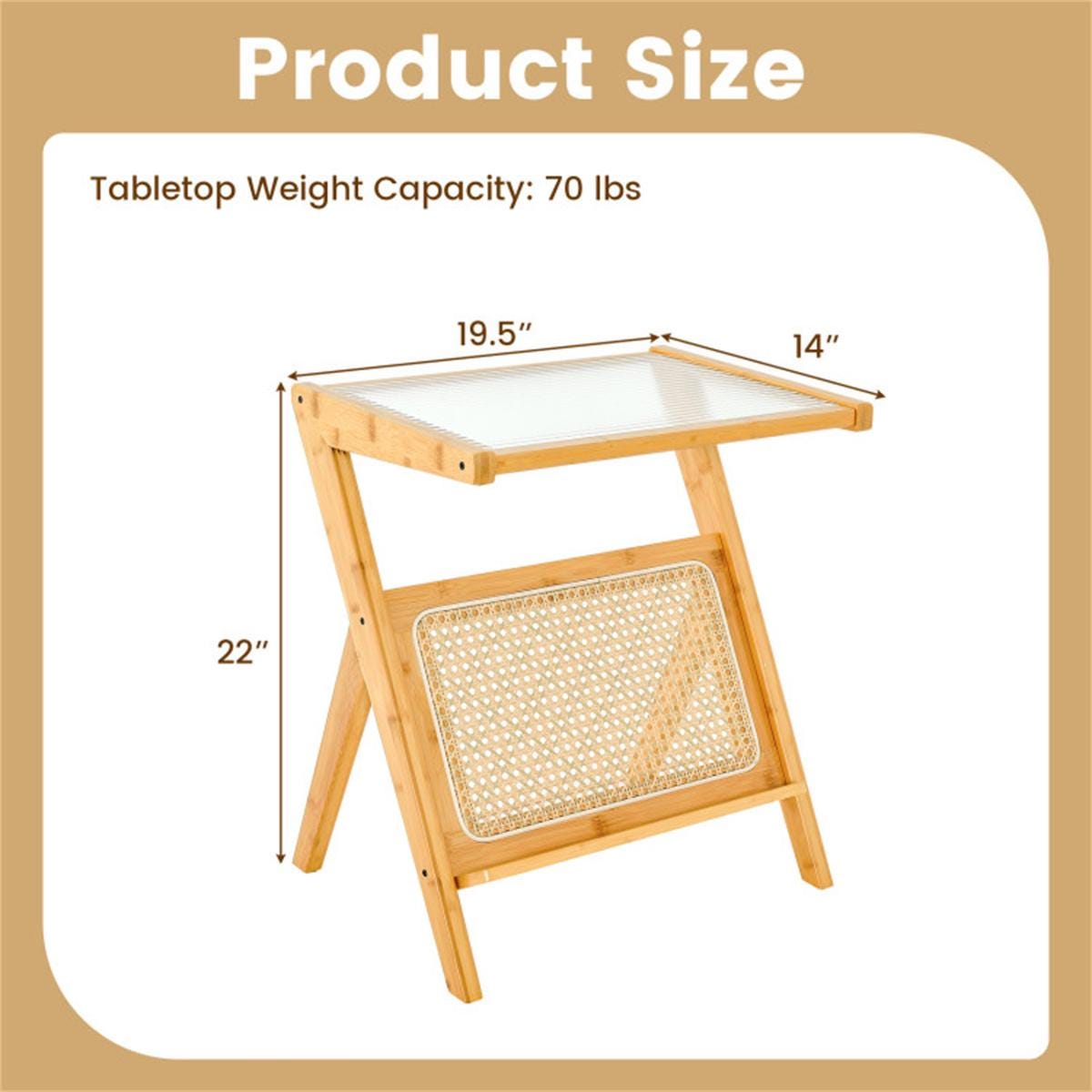 Modern Bamboo Z-Shape Side Table with Glass Top & Rattan Shelf | Small Sofa End Table | Boho Bedside Nightstand for Living Room