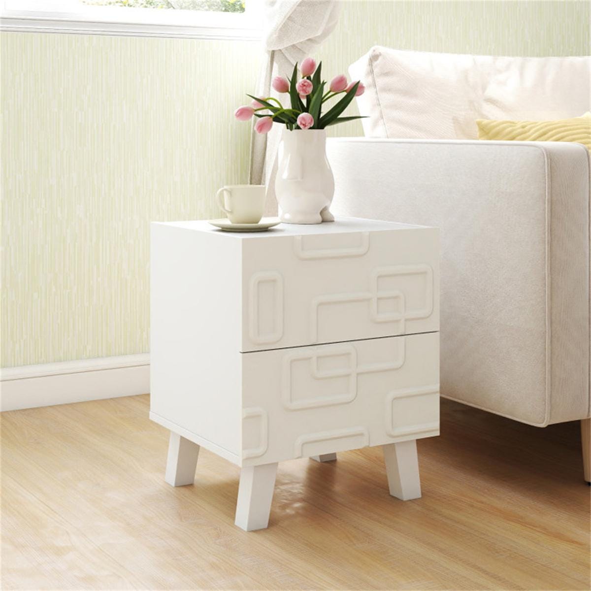 White Modern Nightstand with 2 Drawers | Geometric Bedroom Side Table | Minimalist Bedside Table for Living Room & Home Decor