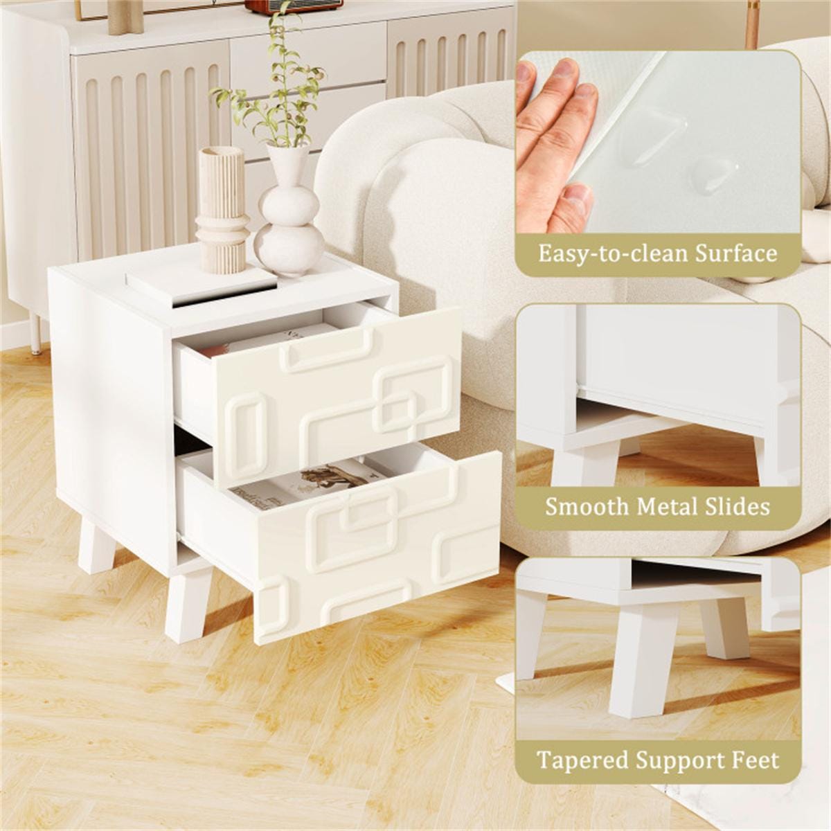 White Modern Nightstand with 2 Drawers | Geometric Bedroom Side Table | Minimalist Bedside Table for Living Room & Home Decor
