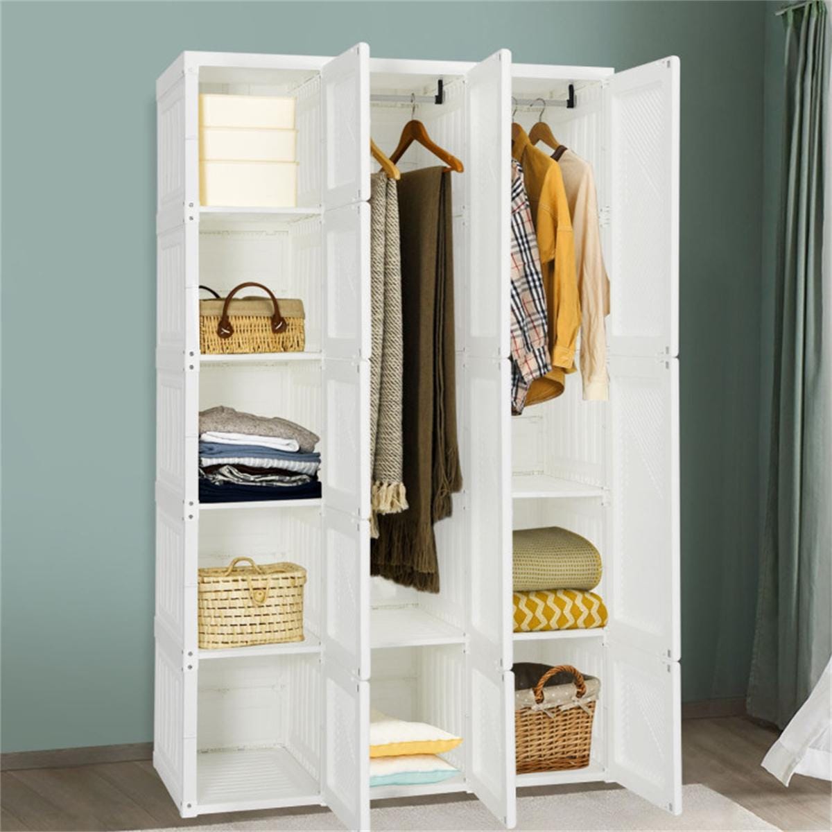 Portable Closet Wardrobe with 10 Cubes | Foldable Modern Armoire Storage Organizer for Clothes, Bedroom, Nursery, Living Room
