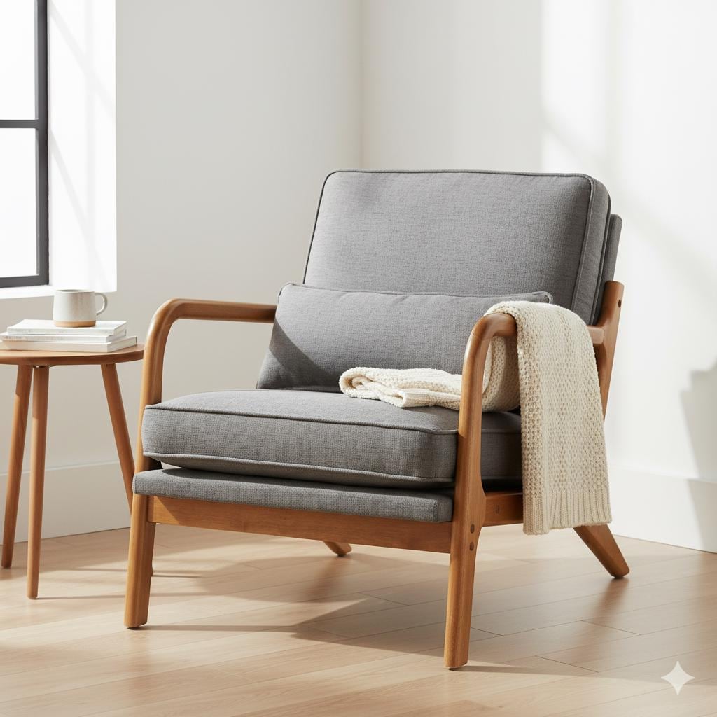 Oak Armrest Lounge Chair: Dark Grey Upholstered Mid-Century Modern Style