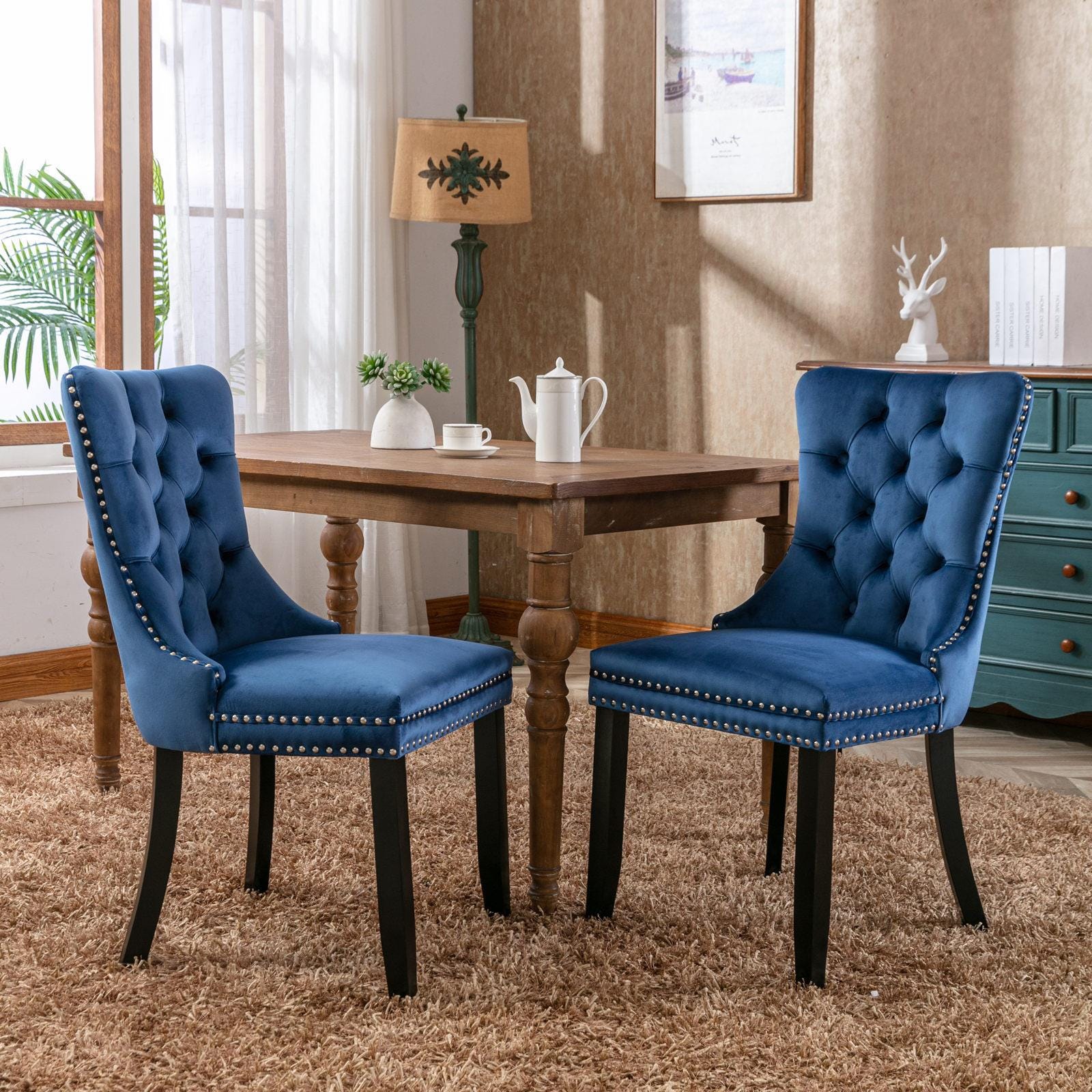 Blue Velvet Chairs Set of 2, Tufted Solid Wood Upholstered Chairs, Nailhead Trim, High-End Modern Contemporary Dining Room