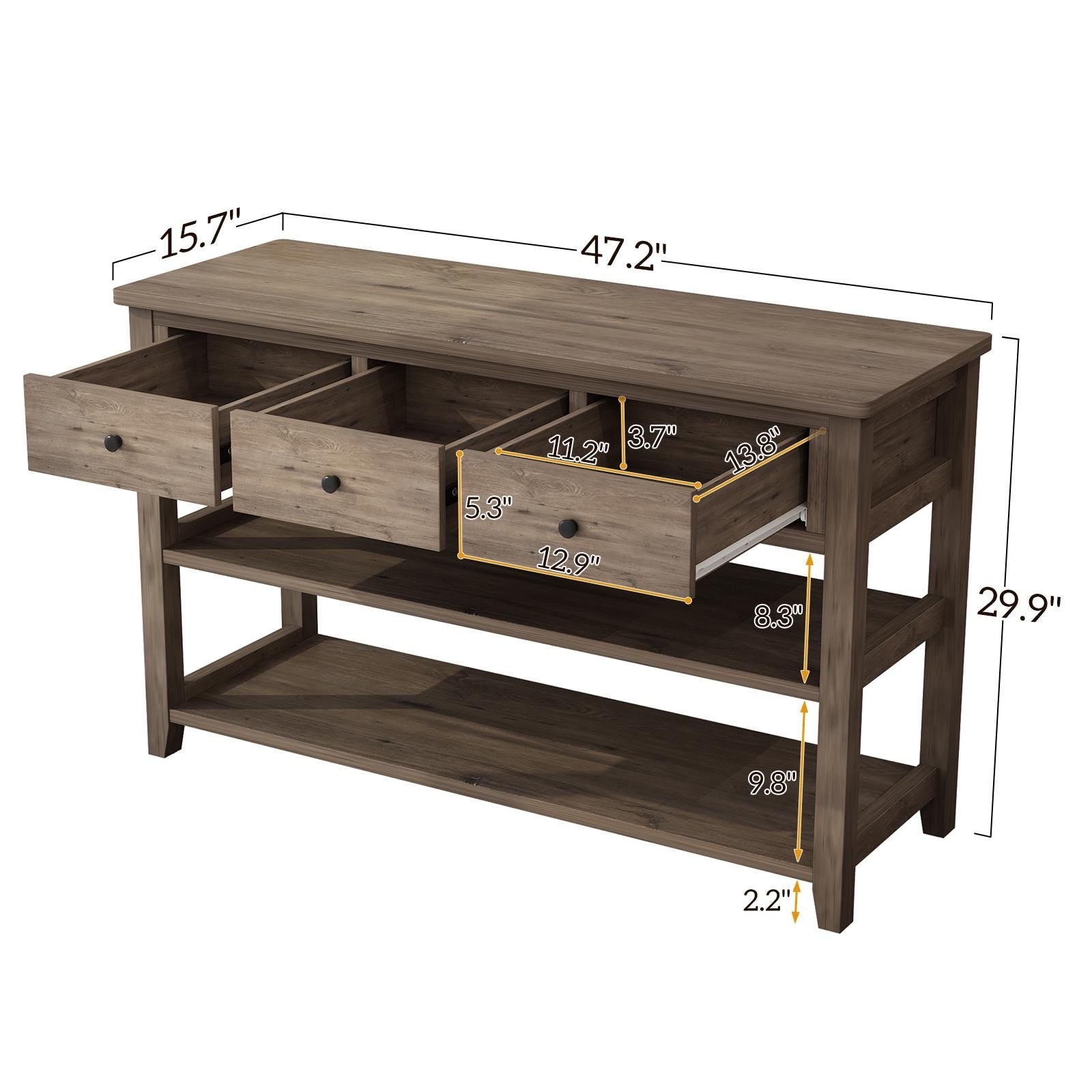 Wash Gray Console Table with 3 Drawers  2 Open Shelves, Sofa Table Entryway Table, Wood Frame Accent Table for Living Room & Bedroom