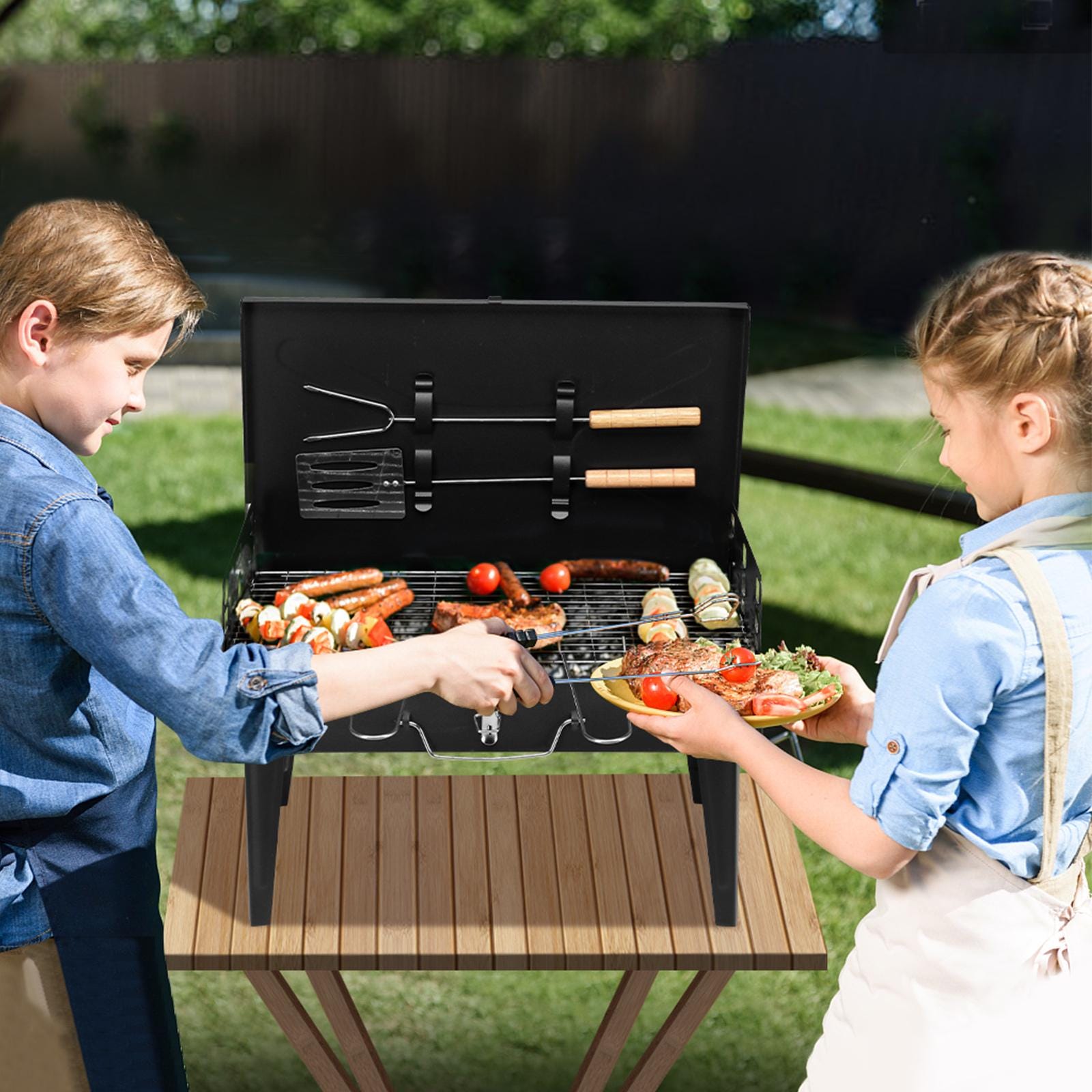 44x27x7cm Portable Charcoal Grill, Folding Outdoor BBQ Grill with Lid, Adjustable Height, Cast Iron Travel, Black