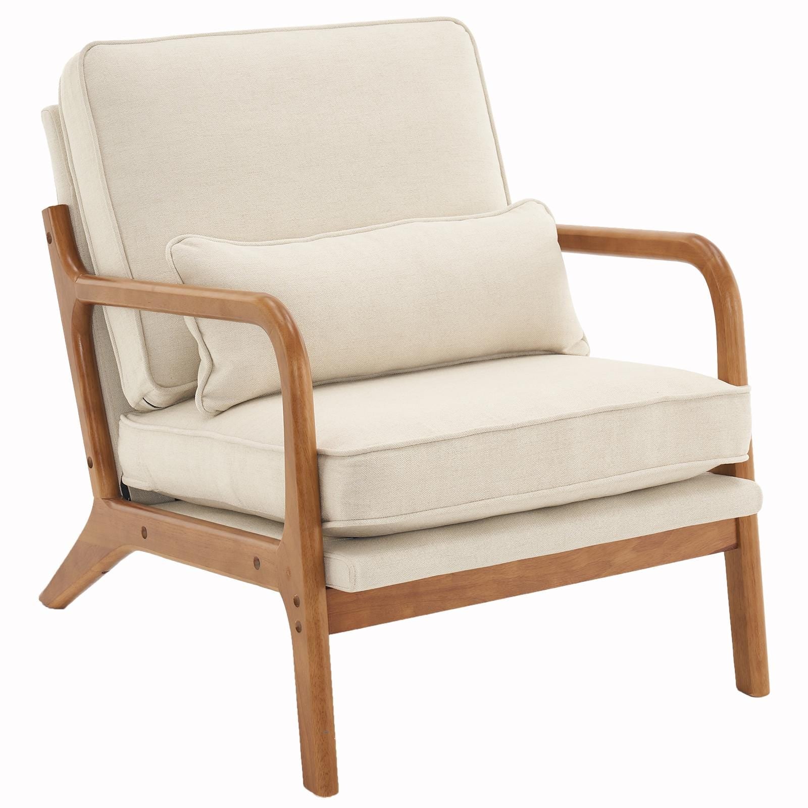 Off-White Linen Lounge Chair, Oak Armrest, Mid-Century Modern Accent