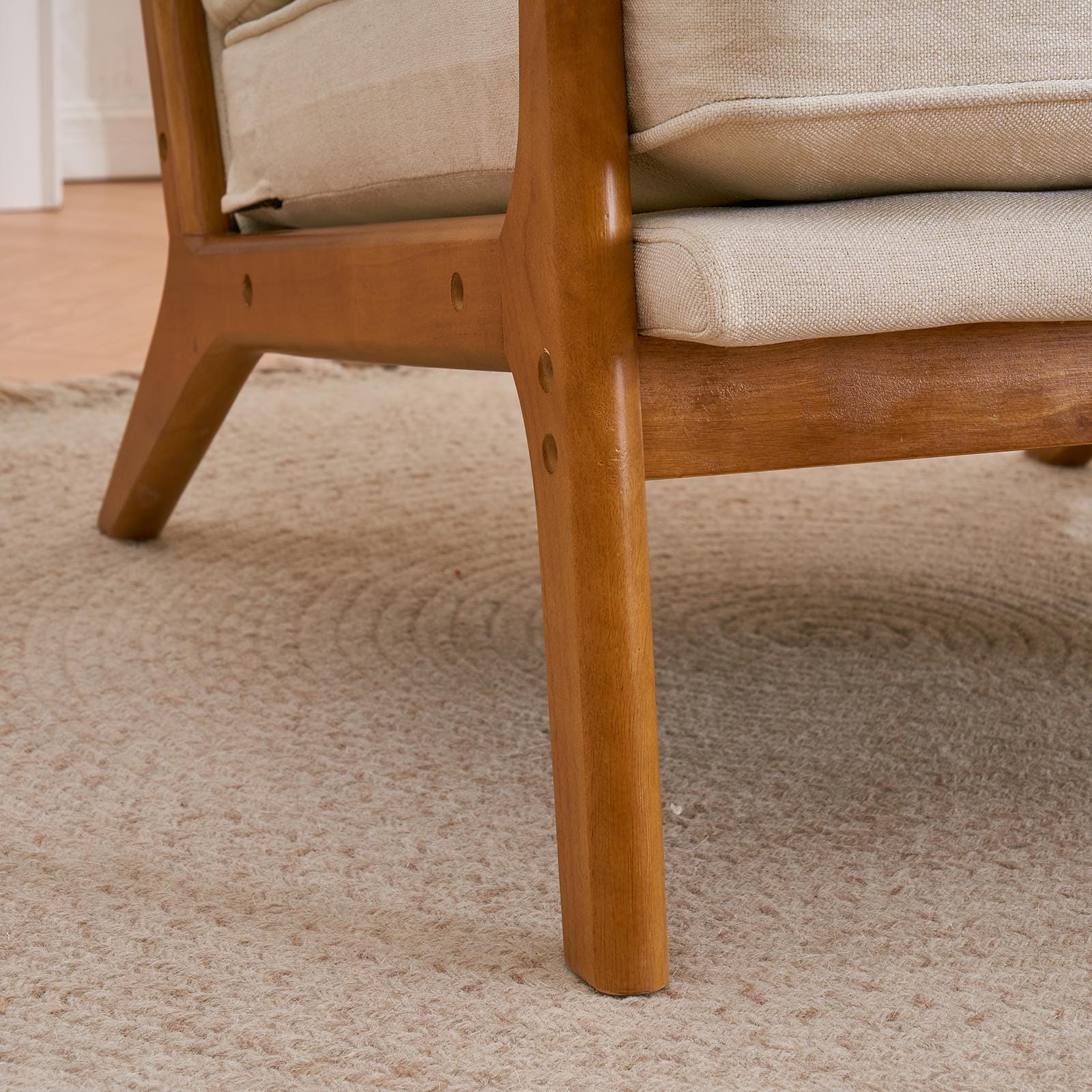 Off-White Linen Lounge Chair, Oak Armrest, Mid-Century Modern Accent