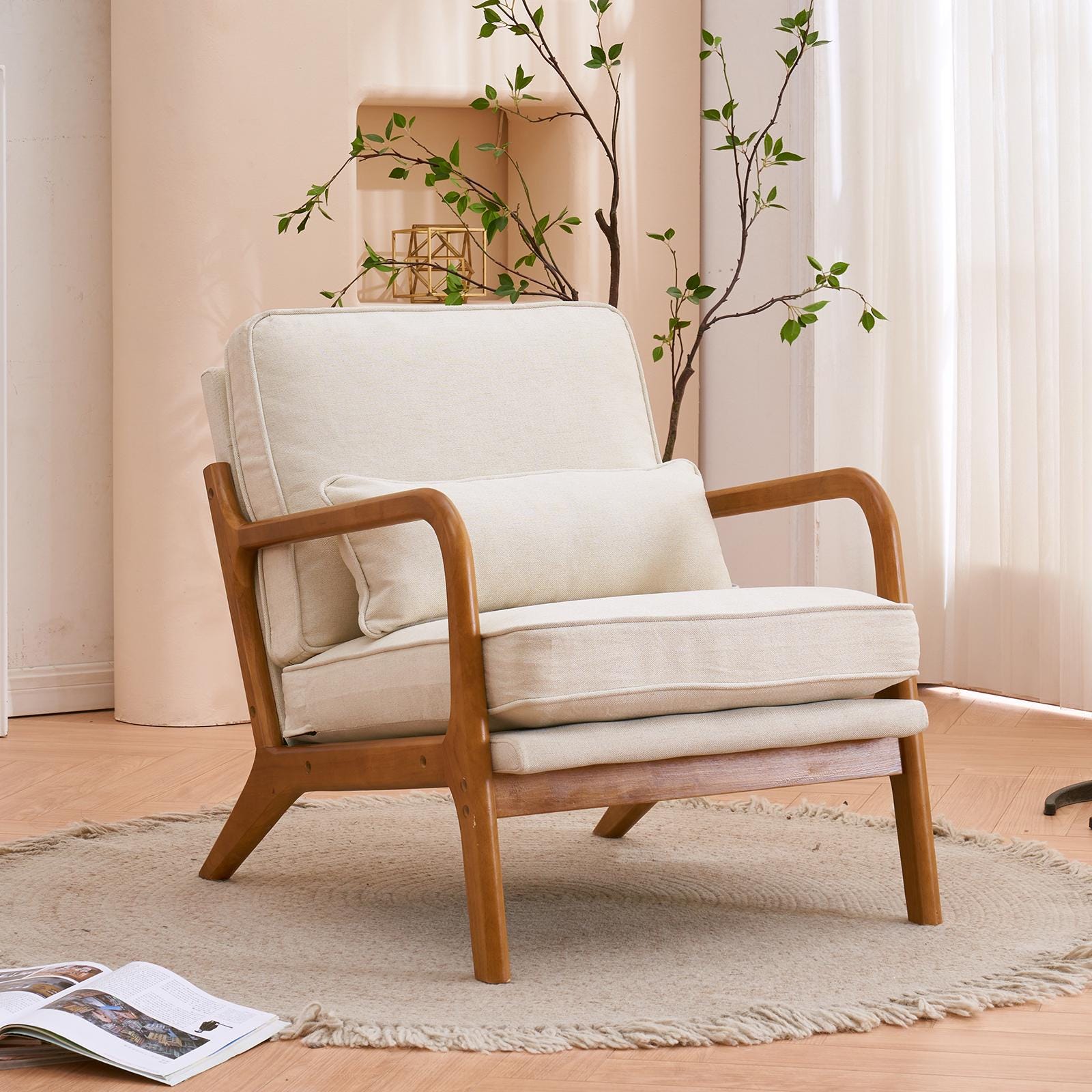 Off-White Linen Lounge Chair, Oak Armrest, Mid-Century Modern Accent