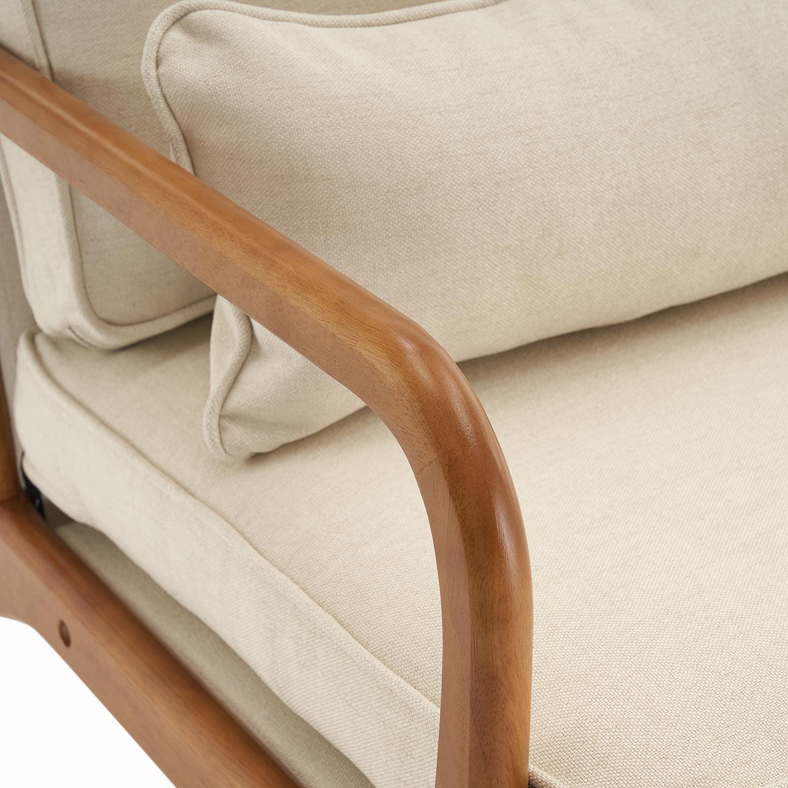 Off-White Linen Lounge Chair, Oak Armrest, Mid-Century Modern Accent