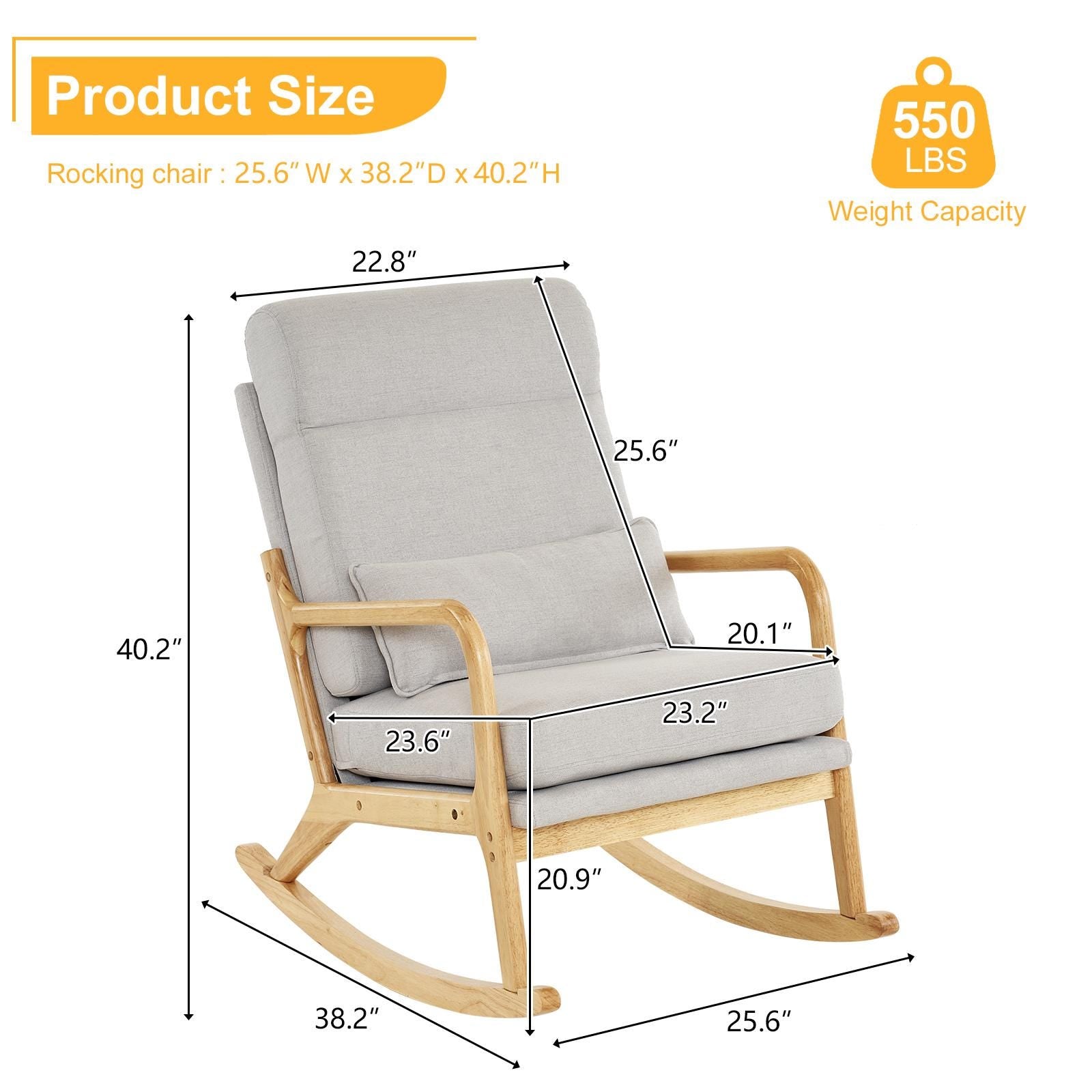 High Back Light Gray Rocking Chair with Solid Wood Armrest, Iron Frame, Linen Upholstered Seat, Dual-Use Indoor Armchair with Lumbar Pillow