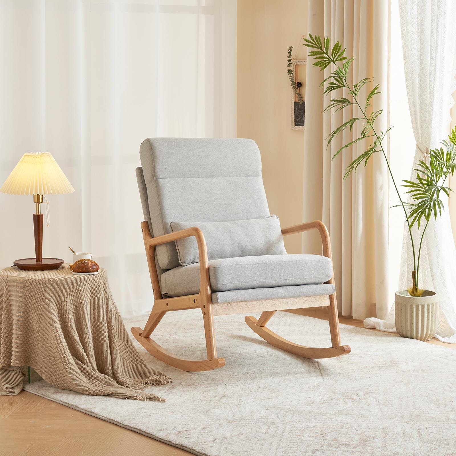 High Back Light Gray Rocking Chair with Solid Wood Armrest, Iron Frame, Linen Upholstered Seat, Dual-Use Indoor Armchair with Lumbar Pillow