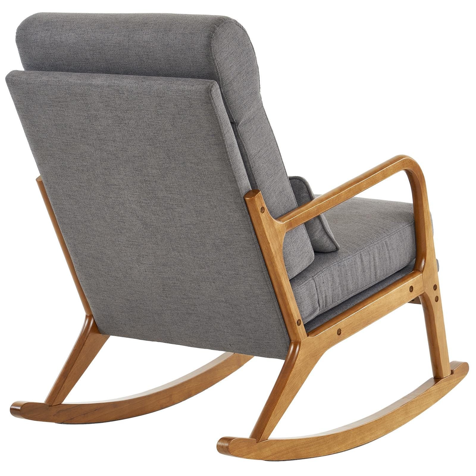 High Back Dark Gray Rocking with Solid Wood Armrest, Iron Frame, Linen Upholstered Seat, Dual-Use Indoor Armchair with Lumbar Pillow