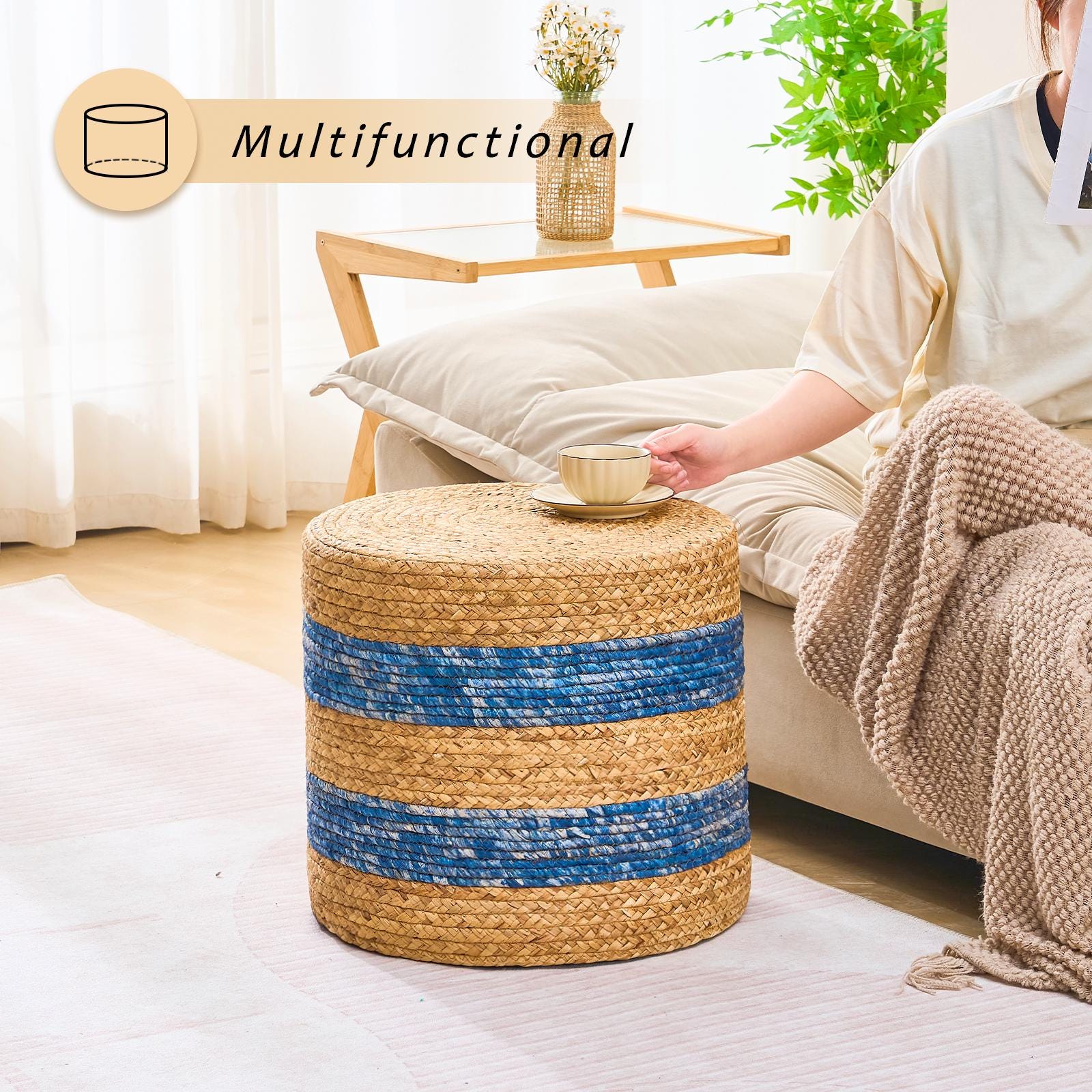 Handmade Woven Water Hyacinth Foot Stool Ottoman Natural Eco-Friendly Rustic Home Decor Low Seat Handcrafted Accent Chair