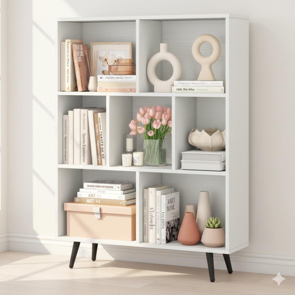 7 Cube 3 Tier Modern Bookcase White Bookshelf Storage Organizer with Metal Legs for Living Room Office Bedroom Home Decor
