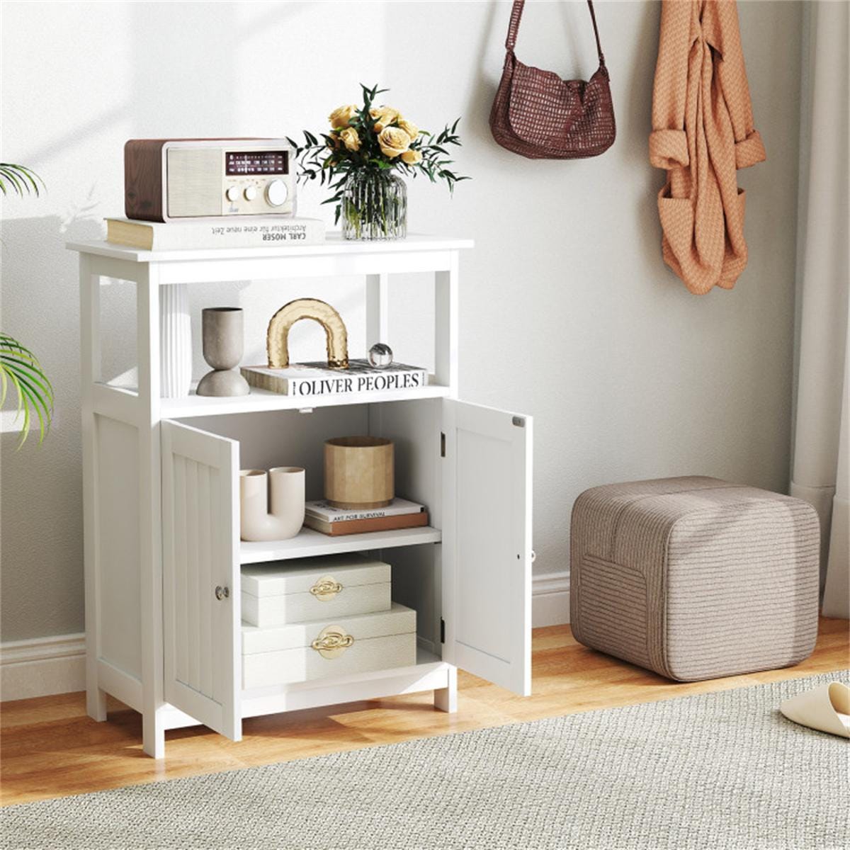 White MDF Bathroom Floor Cabinet with Adjustable Shelves