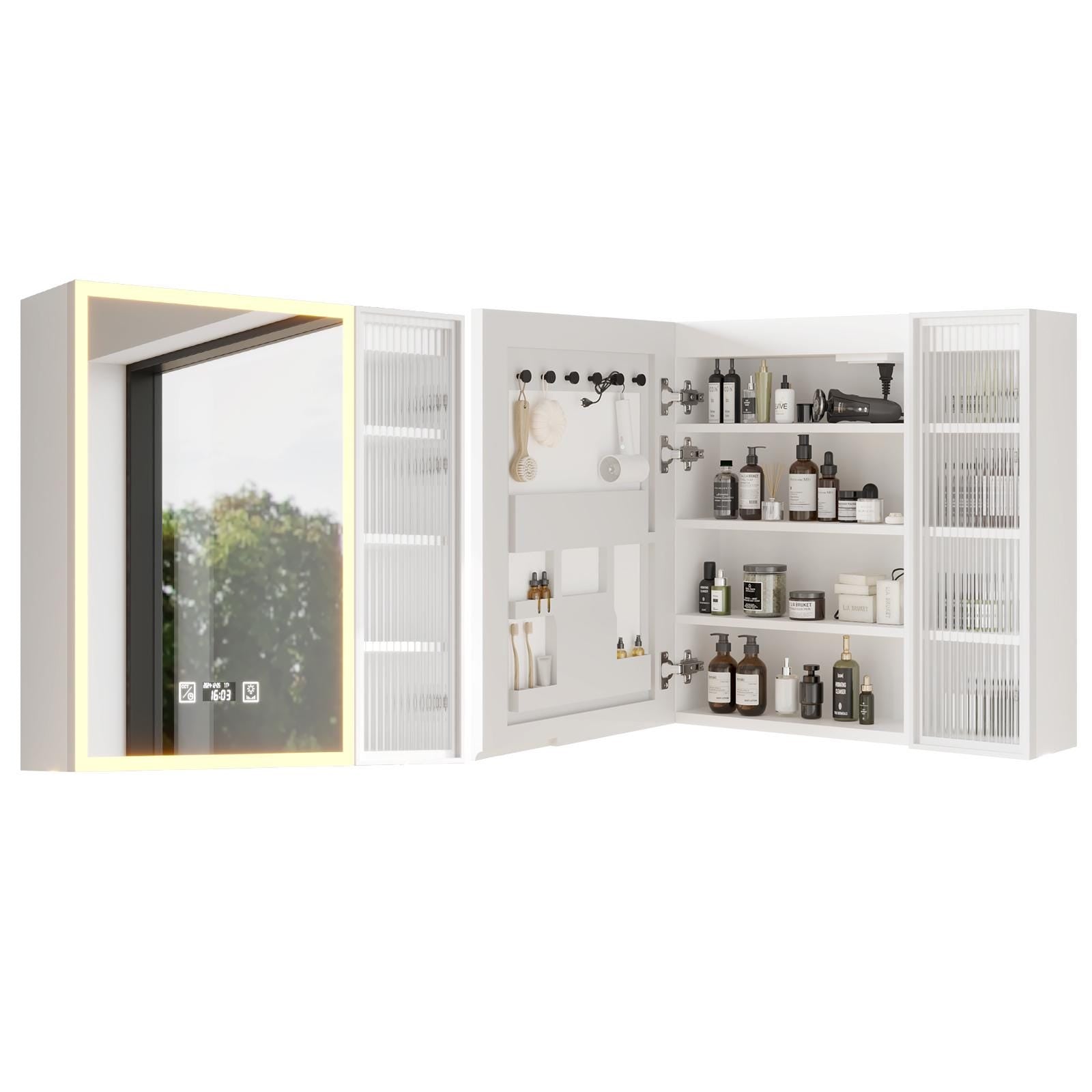 White LED Mirror Cabinet with Time & Temp Display | Wall Storage Cabinet w/ USB Ports, 3-Tone Light, Glass Doors, Bathroom Vanity