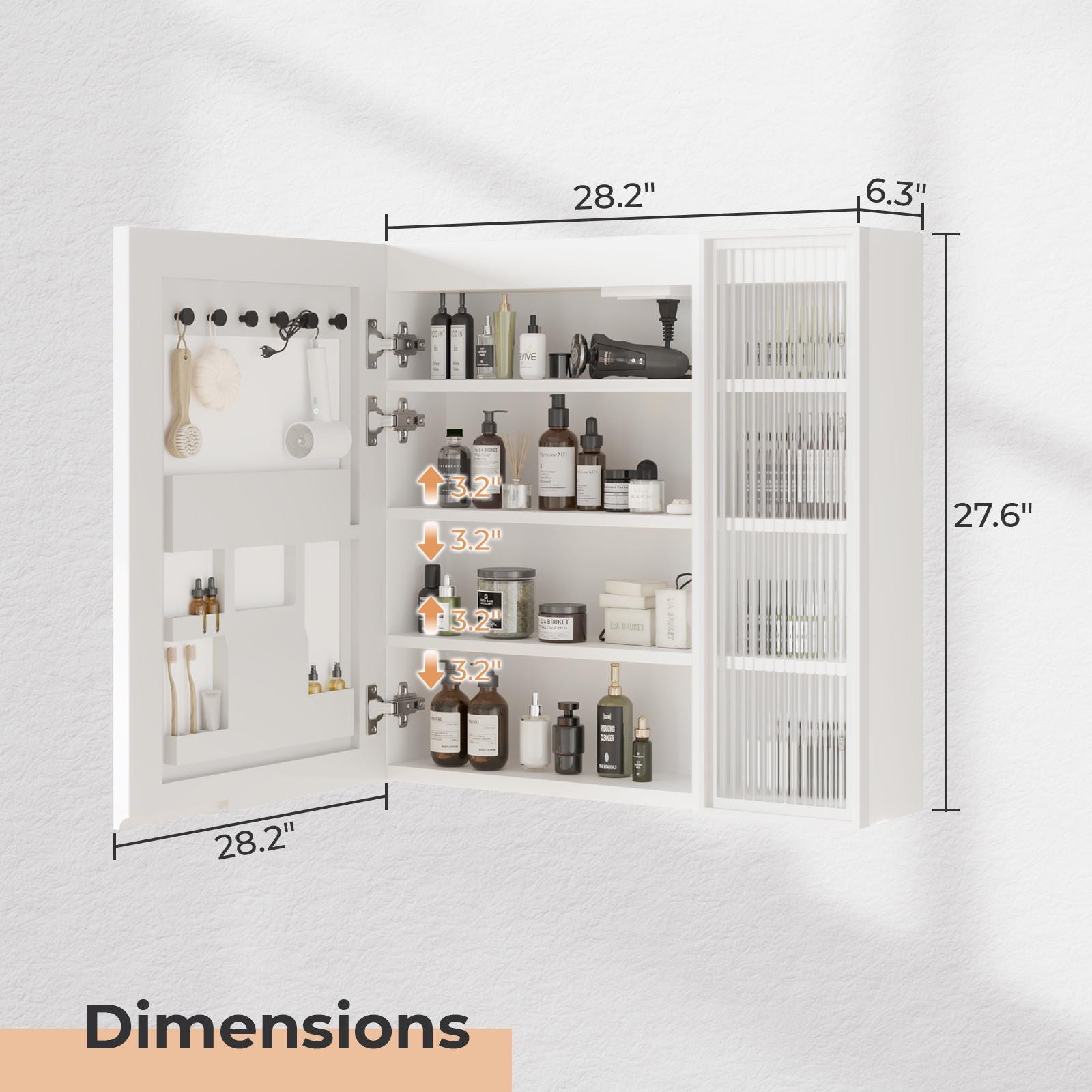 White LED Mirror Cabinet with Time & Temp Display | Wall Storage Cabinet w/ USB Ports, 3-Tone Light, Glass Doors, Bathroom Vanity