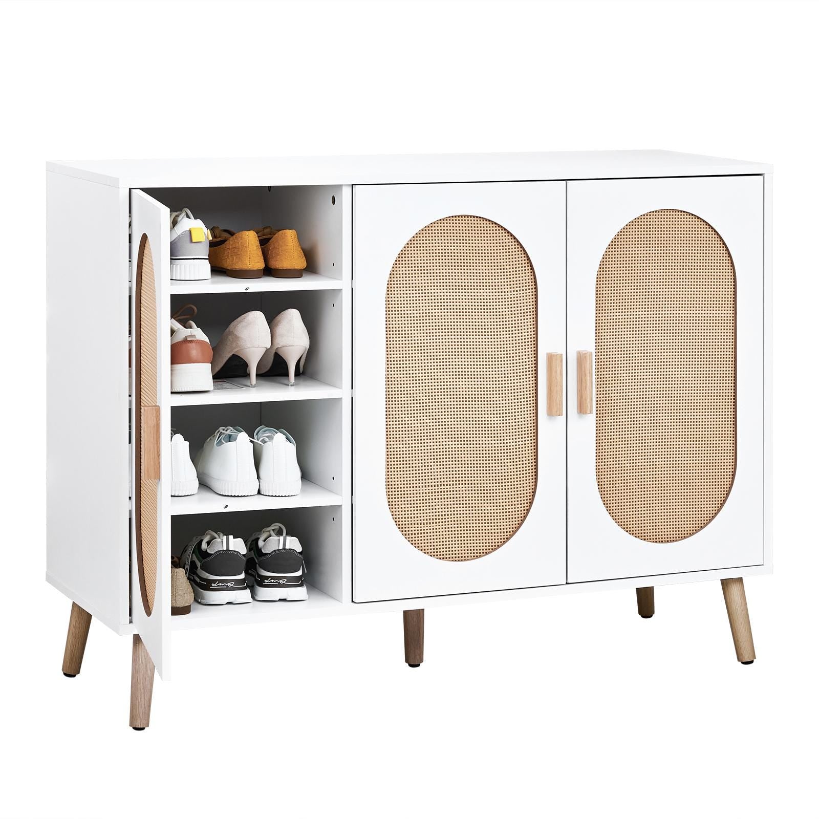 3-Door Vertical Shoe Cabinet with Rattan Finish & Gold Legs – Modern Entryway Organizer