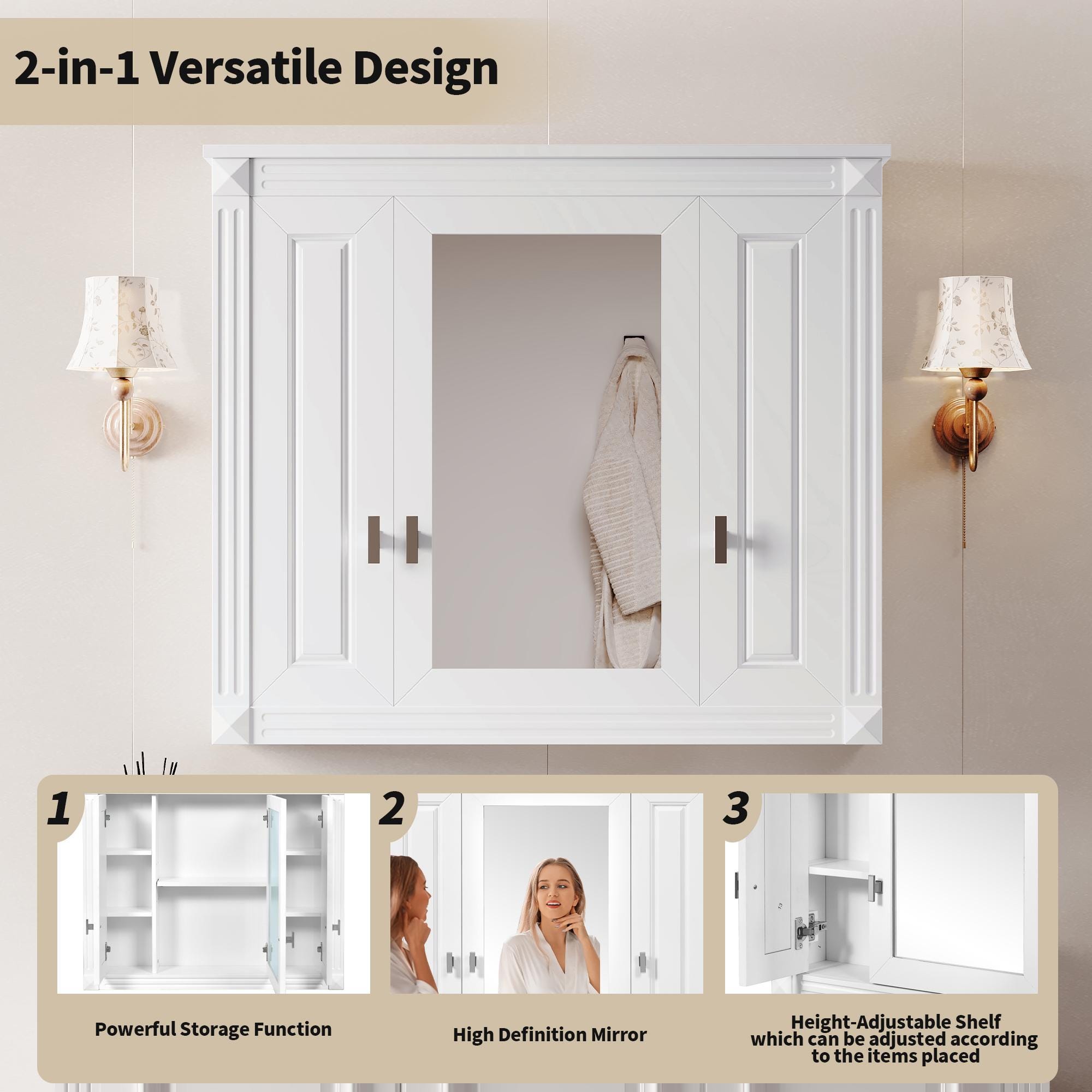 Bathroom Wall Cabinet with Mirror | White Wall Mounted Medicine Cabinet 5 Shelves Over Toilet Storage Organizer Modern MDF