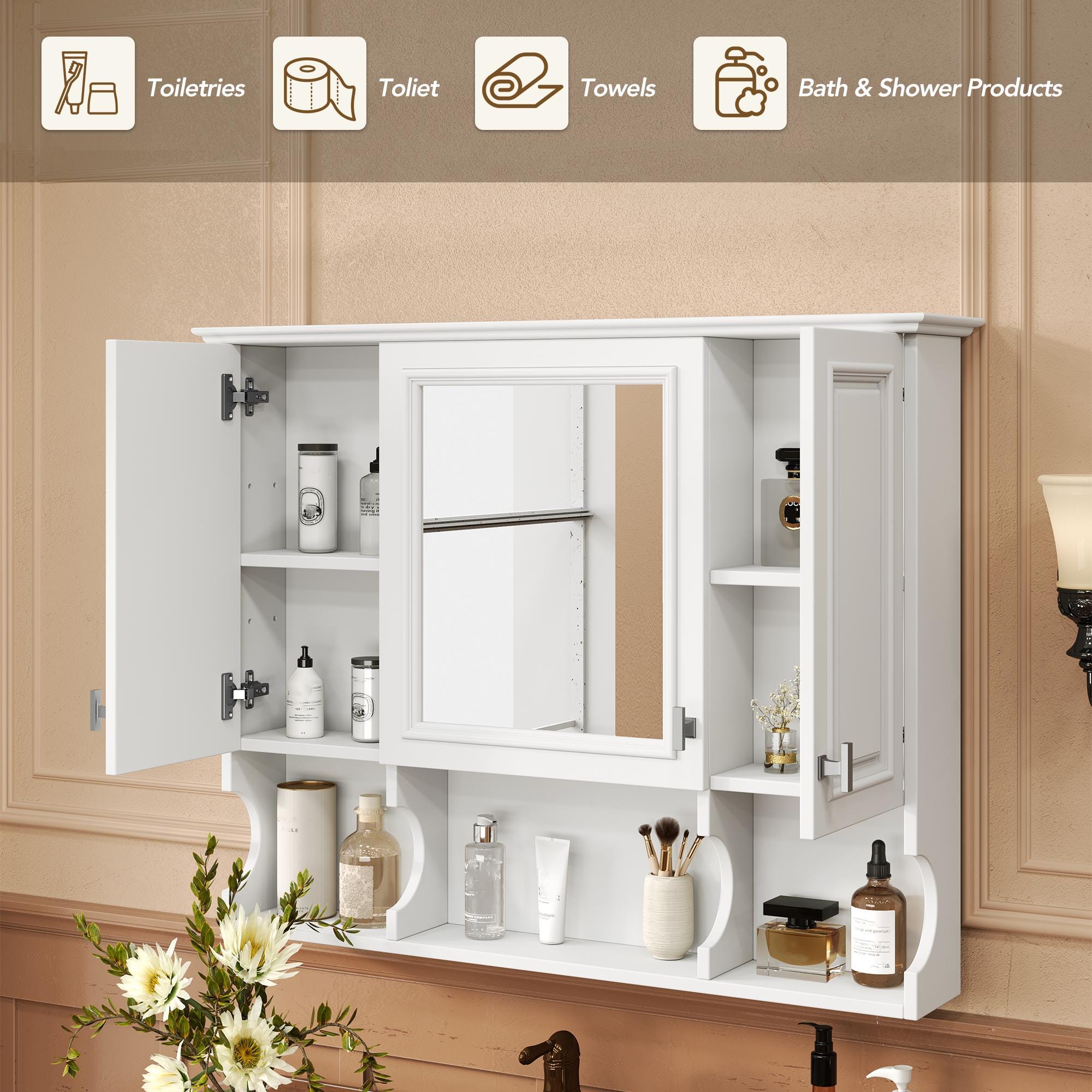 35x28 Wall Mounted Bathroom Medicine Cabinet with Mirror & Open Shelves | White MDF Modern Vanity Mirror Cabinet Storage Organizer