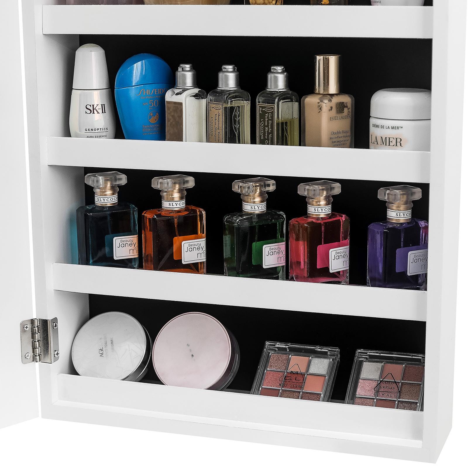 Wall Hanging Jewelry Mirror Cabinet with Lock | Full-Length PVC Film Door Jewelry Organizer, Velvet Lining & Hooks for Women