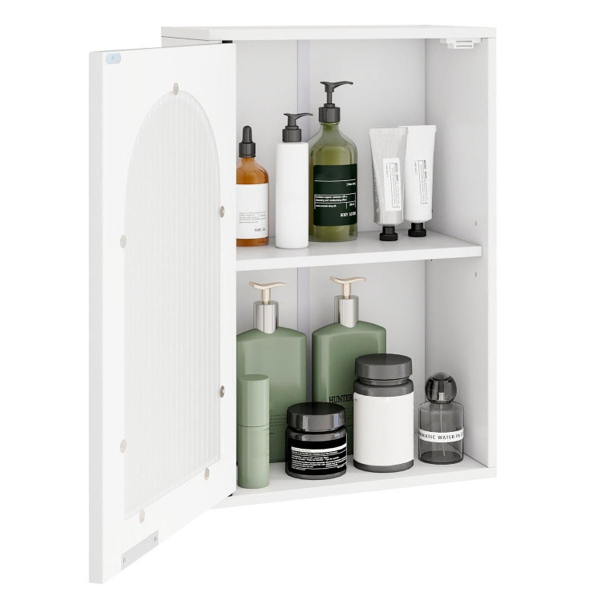 White Wall-Mounted Bathroom Medicine Cabinet | Wavy Tempered Glass Door Storage with Adjustable Shelves & Modern MDF Design