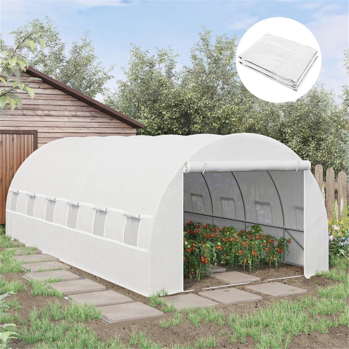 Greenhouse Cover Replacement | Waterproof PE Plastic Tunnel Tarp, Roll-Up Door, Reinforced Grid, Frost & Hail Protection