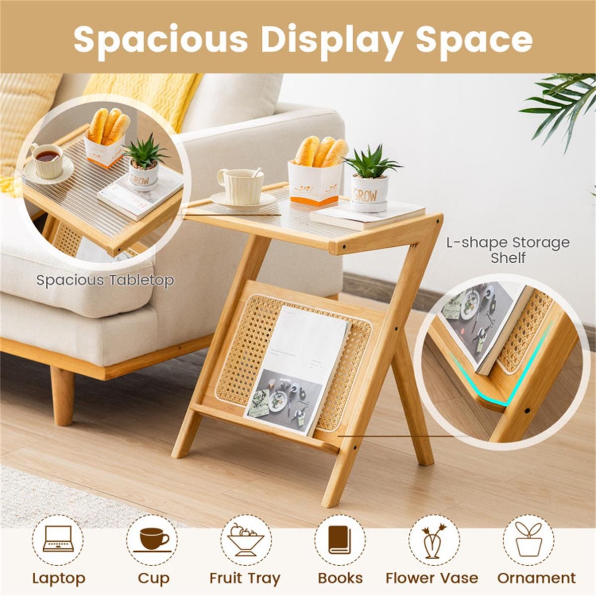 Modern Bamboo Z-Shape Side Table with Glass Top & Rattan Shelf | Small Sofa End Table | Boho Bedside Nightstand for Living Room