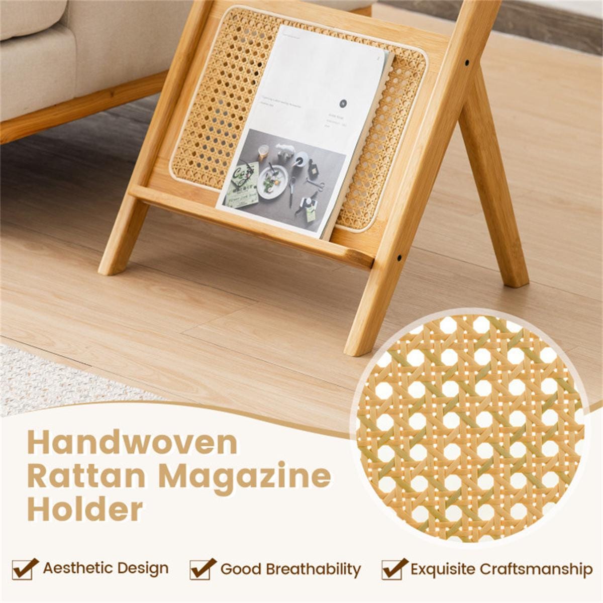 Modern Bamboo Z-Shape Side Table with Glass Top & Rattan Shelf | Small Sofa End Table | Boho Bedside Nightstand for Living Room
