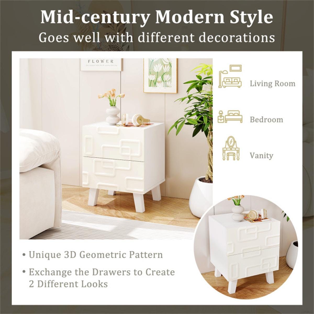 White Modern Nightstand with 2 Drawers | Geometric Bedroom Side Table | Minimalist Bedside Table for Living Room & Home Decor